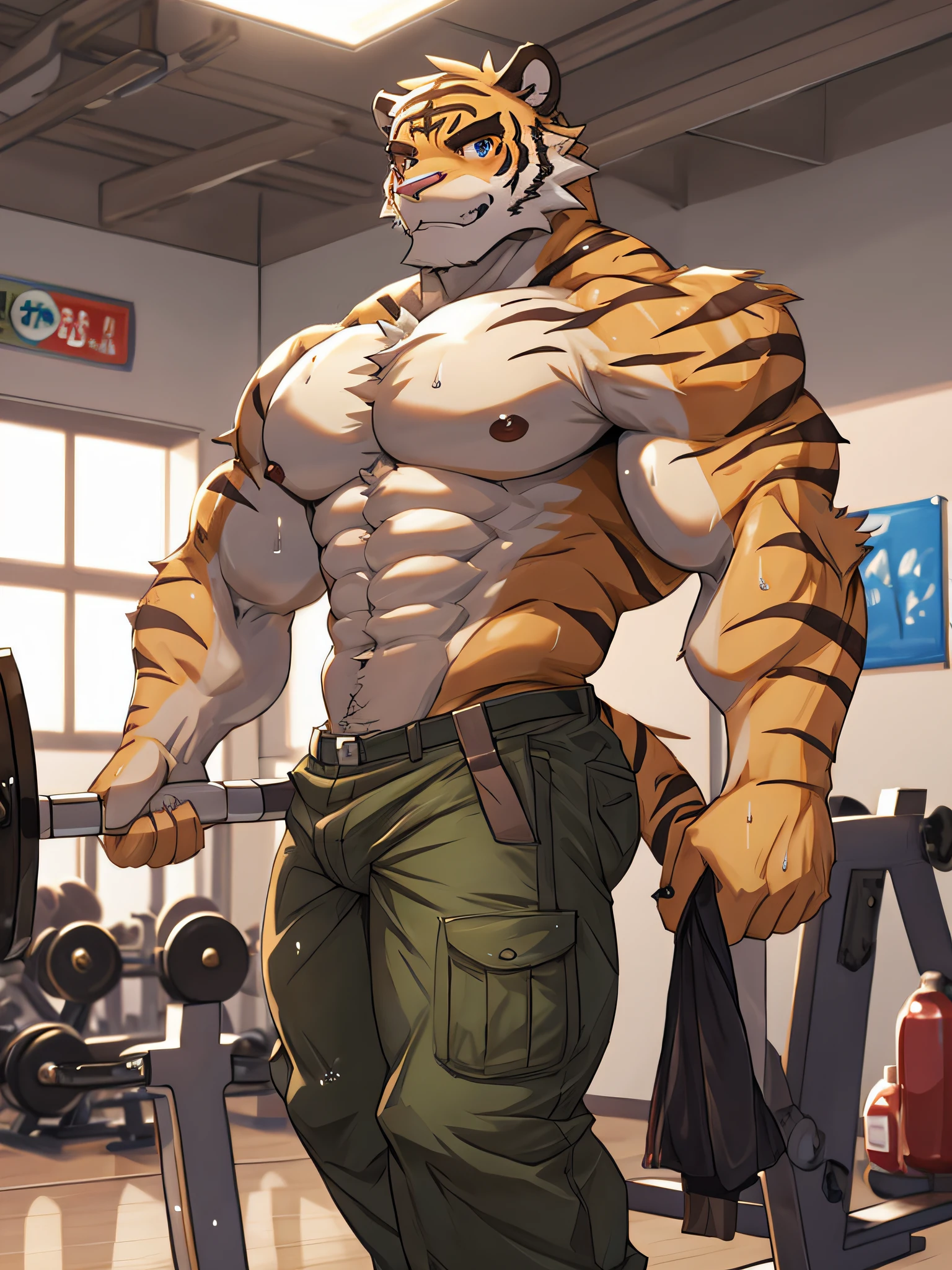 furry,pink fur tiger,Dark pink eyes,muscular,Nude body,wearing military pants,Wear combat boots.,Exercise at the gym,In the barracks..,There are sweat stains on the body..,Turn to look at the listener,Dynamic images,HDR,10,Maximum image resolution,