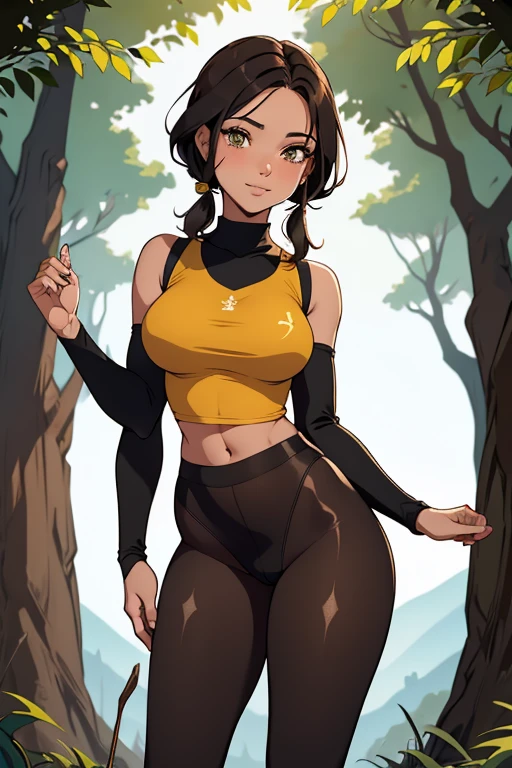 linda jovem com rosto bem detalhado e bonito e usando orelhas de gato, belos olhos, belos olhos, rosto lindo, beautiful young woman wearing black tights, sueter apertado branco, short pantyhose, Standing in a forest, usando salto alto, cabelo curto preto, morena,orelhas de gato, belo sorriso, tomboy, morena, um pouco musculosa, usando orelhas de gata