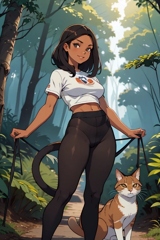 linda jovem com rosto bem detalhado e bonito e usando orelhas de gato, belos olhos, belos olhos, rosto lindo, beautiful young woman wearing black tights, sueter apertado branco, short pantyhose, Standing in a forest, usando salto alto, cabelo curto preto, morena,orelhas de gato, belo sorriso, tomboy, morena, um pouco musculosa, usando orelhas de gata