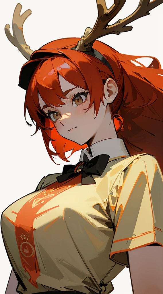 (master piece:1.2, best quality),(1lady,Only,upper body:1.2),tall girl, red hair tied in a ponytail,((Front view)) bored appearance, wearing a reindeer hat and bow tie, pine tree Snow behind, Merry Christmas Style, Ultra-high details, (((white background))), cartoon style, vector illustration, high quality, 12k, solid colors, ornate, 6 warm colors, sticker cartoon, professional t-shirt design, vector ready-to-print t-shirt, (master piece, best quality, Max: 1.4)"gray, monochrome,
