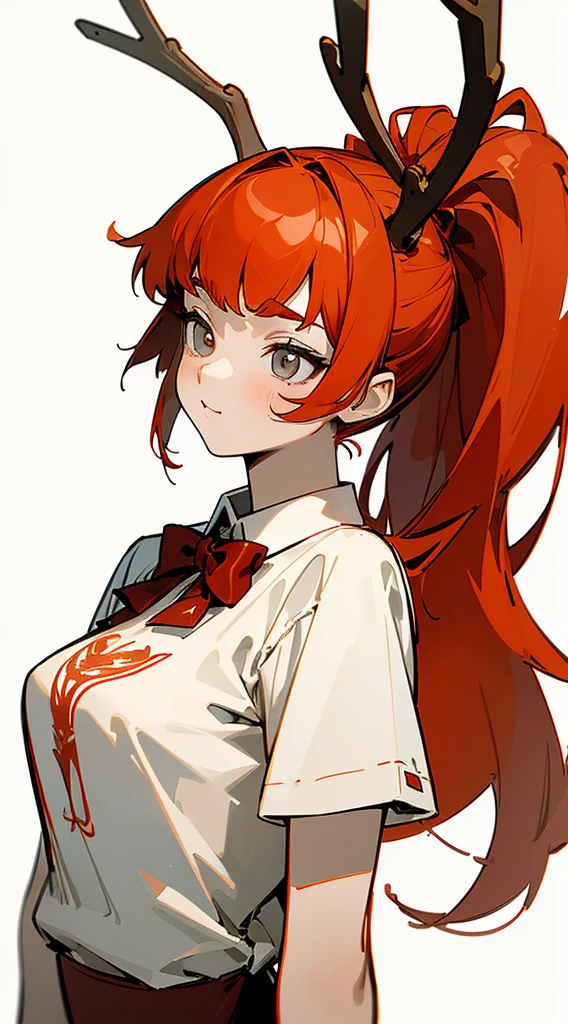 (master piece:1.2, best quality),(1lady,Only,upper body:1.2),tall girl, red hair tied in a ponytail,((Front view)) bored appearance, wearing a reindeer hat and bow tie, pine tree Snow behind, Merry Christmas Style, Ultra-high details, (((white background))), cartoon style, vector illustration, high quality, 12k, solid colors, ornate, 6 warm colors, sticker cartoon, professional t-shirt design, vector ready-to-print t-shirt, (master piece, best quality, Max: 1.4)"gray, monochrome,