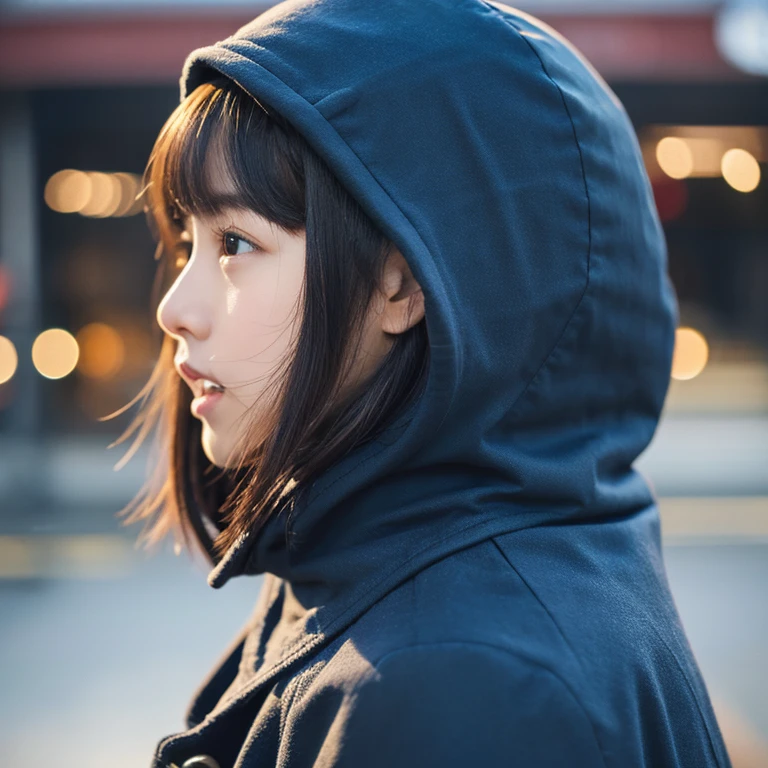 An ultra-high picture quality、Perfect Photo、Japanese 18 year old beautiful girl、wearing a navy blue duffel coat、early evening、stare、Bun hair、Wearing a hood、profile、slightly open mouth、
