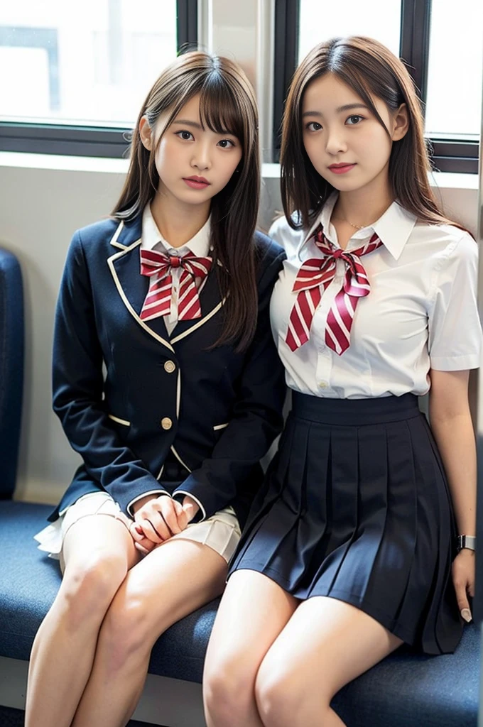 masutepiece, High quality, Best Quality, Beautiful, hard disk, Realistic, Perfect Lighting, Detailed face, 2 girls、Alafed asian woman in short skirt and bow tie sitting on train、cute school girl、Japan Female Student Uniform、with a Japanese school uniform、Japan school uniform、a hyperrealistic schoolgirl、hi-school girl、Dressed in uniform、a hyperrealistic schoolgirl、Girl in Uniform、Schoolgirl posing in uniform、full bodyesbian、slender、Nice skin、glistning skin、 lovely thighs、glowing thighs、shining legs、((I can see my panties))