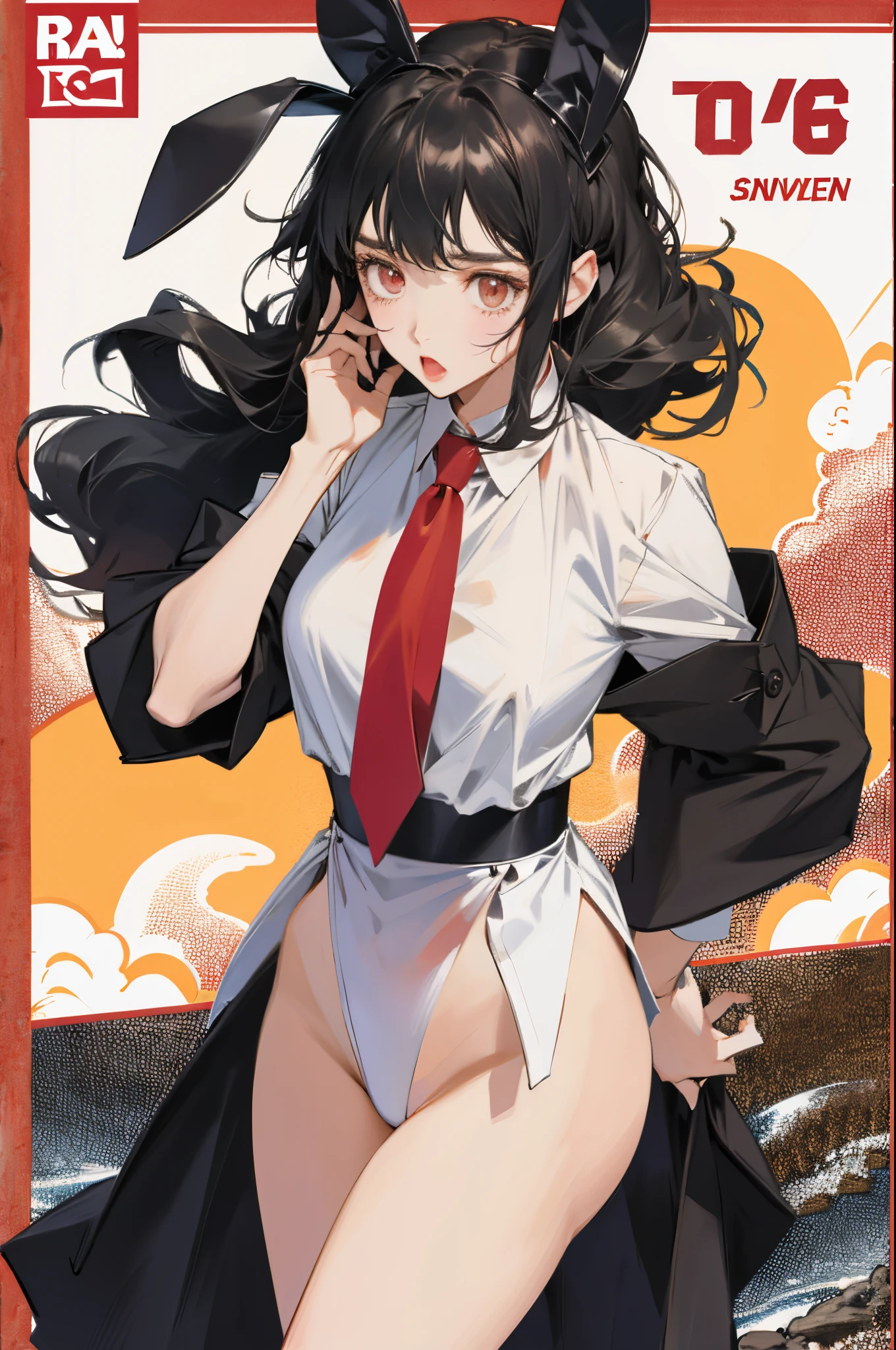 Mai Sakurajima,rabbits,Exposing the fleshy belly,Fleshy thighs，校服，white  shirt，red necktie，Ocean park，Comic cover style，Comic cover title,8K