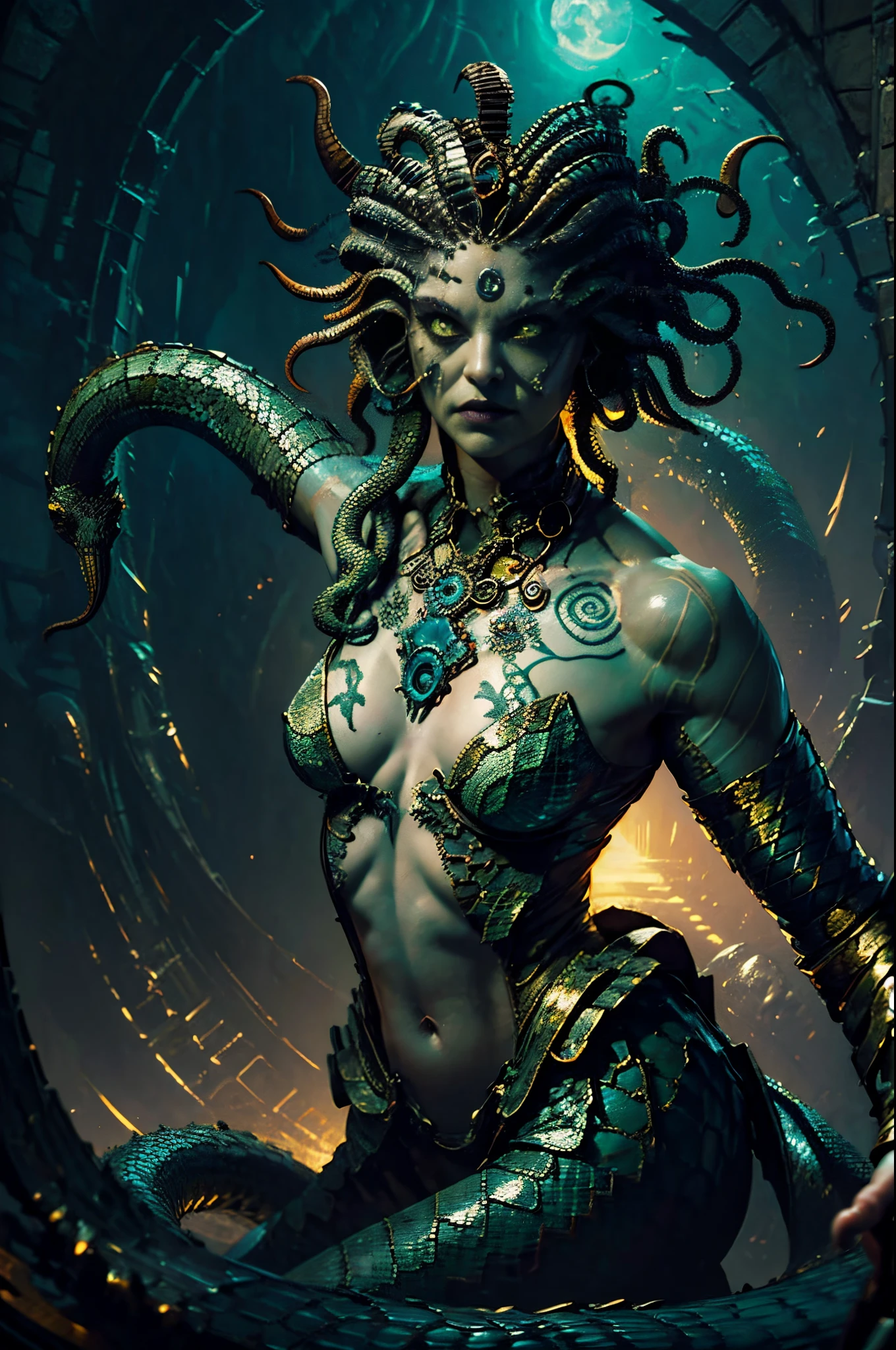 evil, Gothic art, chiaroscuro, tachi-e, projected inset, dutch angle, emphasis lines, masterpiece, ccurate, anatomically correct, highres, best quality, super detail, award winning，D14bl0 style(Medusa),(Gorgona)， (4 arms),  ((Hair composed of countless small snakes)),  , Snake pupils，(snake green eyes), greek myth, lamia，medusa，correct faces，Epic war fantasy digital art，(greg rutkovsky:0.8), (cyan and orange:0.4），character chart, tachi-e