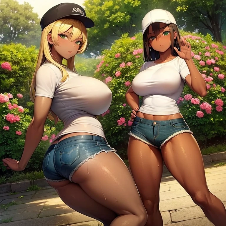 full body, 1girl, , small waist, big , ((dark skin tone)), ((skin texture)), ((shiny skin tone)), ((green eyes)), ((jean micro shorts, t-shirt white, cap)), ((sweaty)), defined body, well defined thighs, athletic body, ((blonde hair)), ((extremely detailed hair)), ((shiny hair)), ((dynamic pose)) in a beautiful garden. Detailed image with rich detail in the flowers, butterflies.
(masterpiece: 1.5) (photorealistic: 1.1) (bokeh) (best quality) (detailed skin texture pores hair: 1.1) (intricate) (8k) (HDR) (wallpaper) (cinematic lighting) (sharp focus )