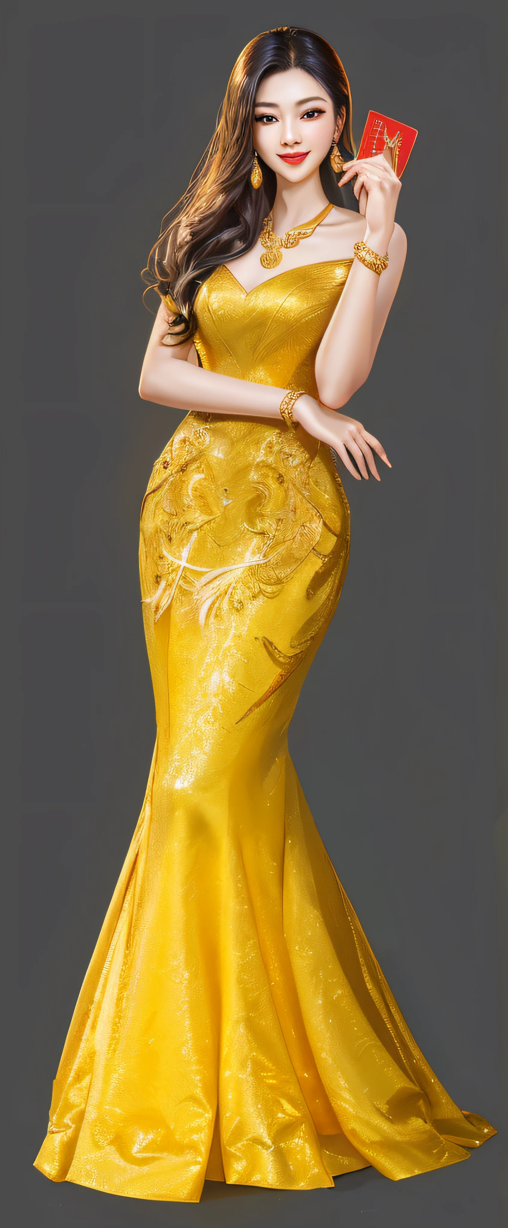 Clothed woman holding red card, Inspired by Shen Si Zheng, Elegant and charming gesture, royal elegant pose, Elegant yellow skin, Gold dress, full body xianxia, digital art of an elegant, faye valentine, elegant smiling pose, inspired by Xie Sun, Ryan Flash Concept Artist, by Ni Yuanlu, glamor pose