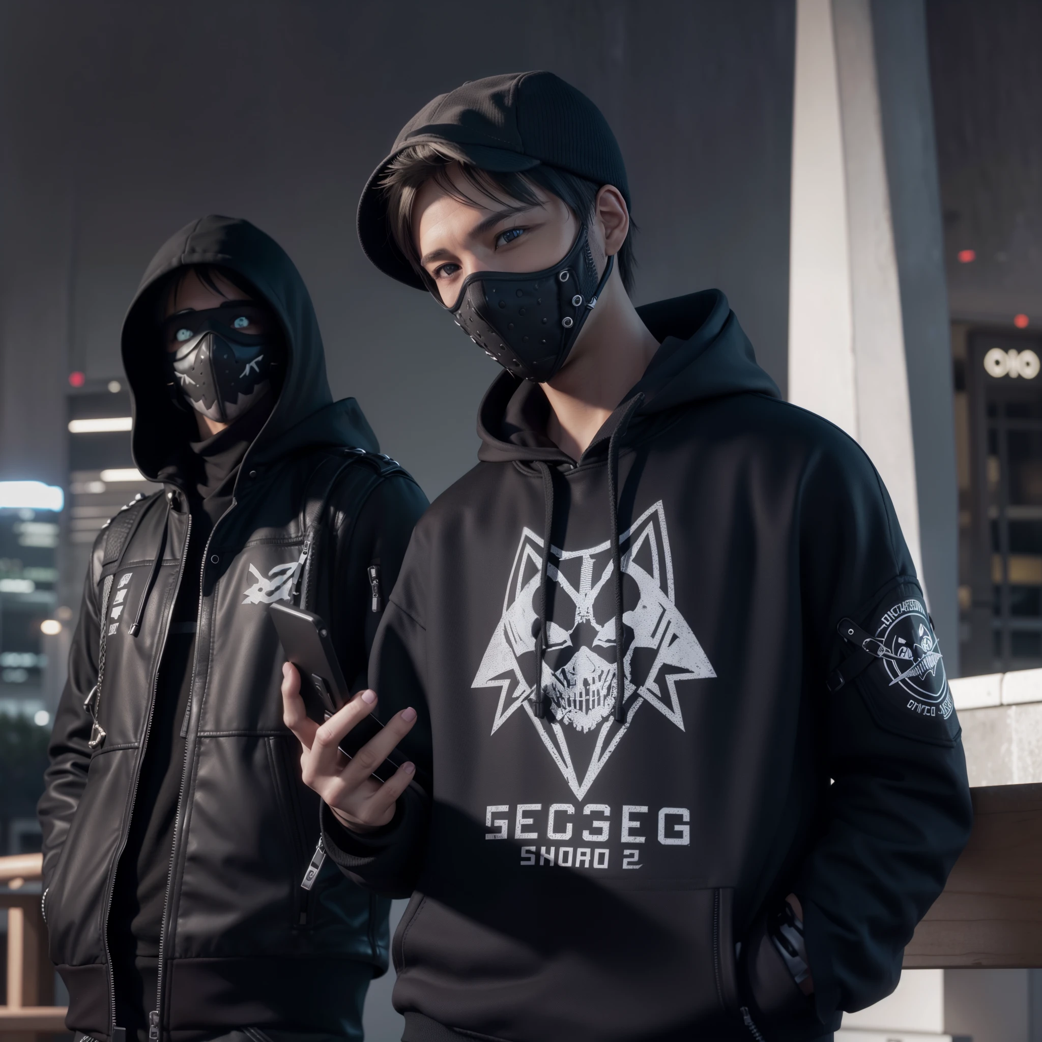 Wrench from watchdogs 2 tanding gracefully, smiling, wearing black jacket hoody with mask