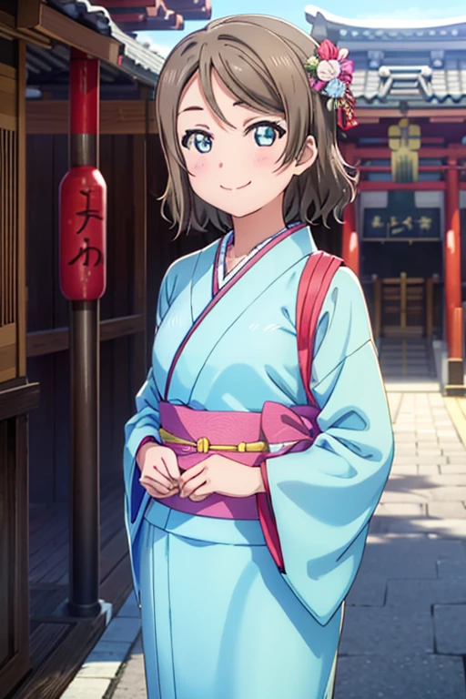 (((pixel perfect, Detail Perfect))), Solo, 1girl in, Watanabe, bowtie, Looking at Viewer, Smile，Cyan kimono，Kimono，Furisode，shrines