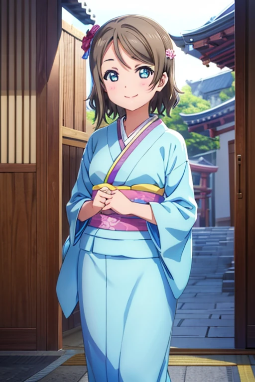 (((pixel perfect, Detail Perfect))), Solo, 1girl in, Watanabe, bowtie, Looking at Viewer, Smile，Cyan kimono，Kimono，Furisode，shrines