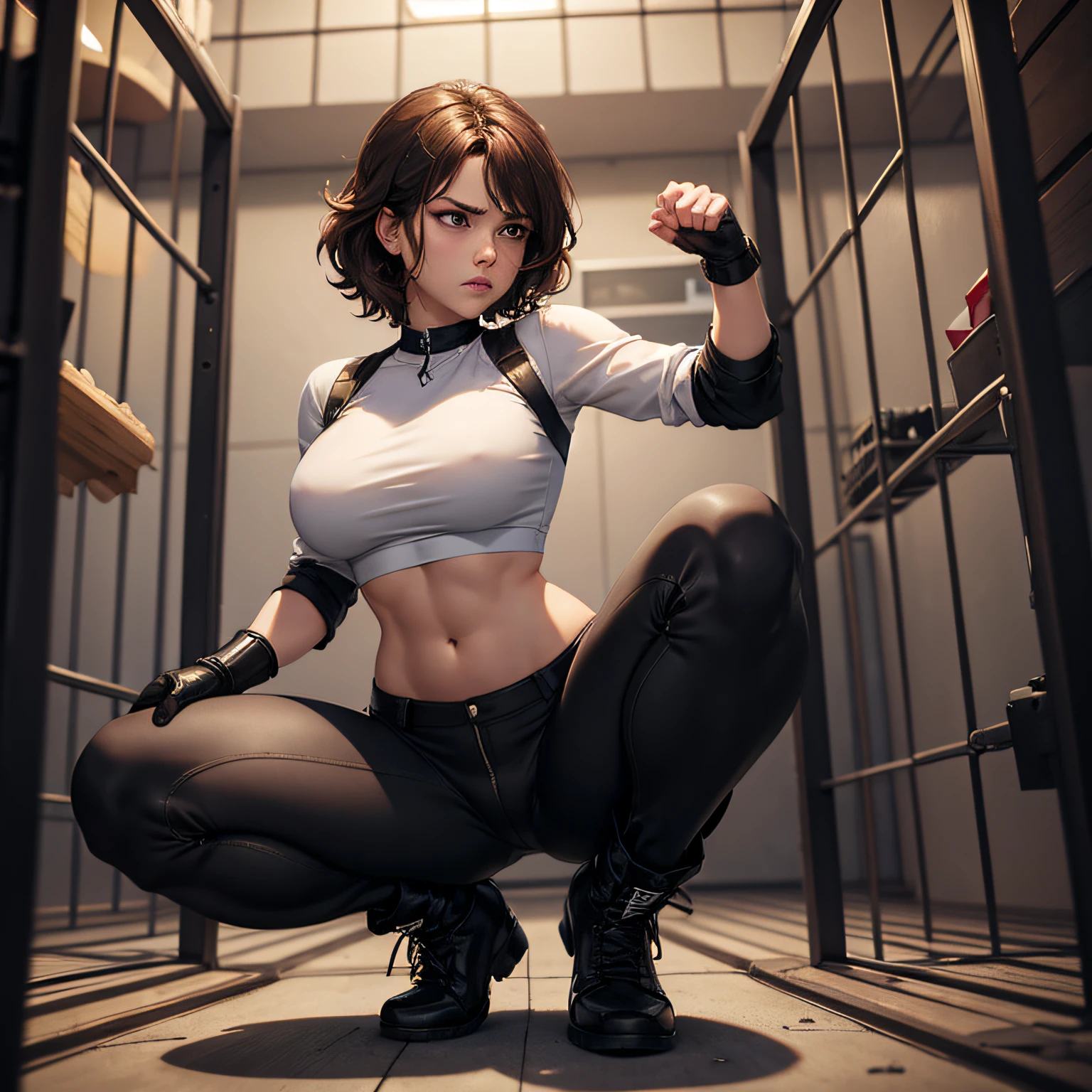 masterpiece, best quality, black pants, white tight shirt with a midriff cutout, looking in love at viewer, wavy hair, brown hair, short hair, age 22, high legs, boots, gloves, secret spy, muscular, tied up, humiliated, caged, electroshock cage, no escape, she trap in the cage, she angry and weak, full body, no extra limbs