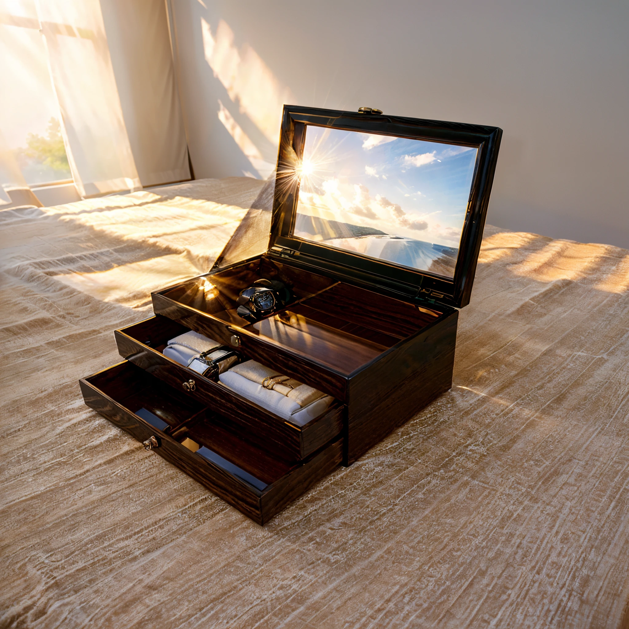 In this modern European style room，The sun shines on the table through the half-drawn curtains，Let the black lacquered wood grain on the watch storage box shine，Place on the bed，illuminated by gentle sunshine。There  a calm and peaceful atmosphere in the surrounding air。There are several still life paintings hanging on the walls of the room，Add a touch of elegance to a space。on the other side of the room，Half-open windows let the breeze in，The pages on the small desk by the window turned in the wind，This quiet scene gives people a sense of peace and comfort。Soft sunlight shines on the box，Causes its surface to take on a faint shadow。These shades give the box a richer texture，More three-dimensional。The shadow of the box contrasts with its surroundings，It also highlights the exquisiteness and texture of the watch storage box。