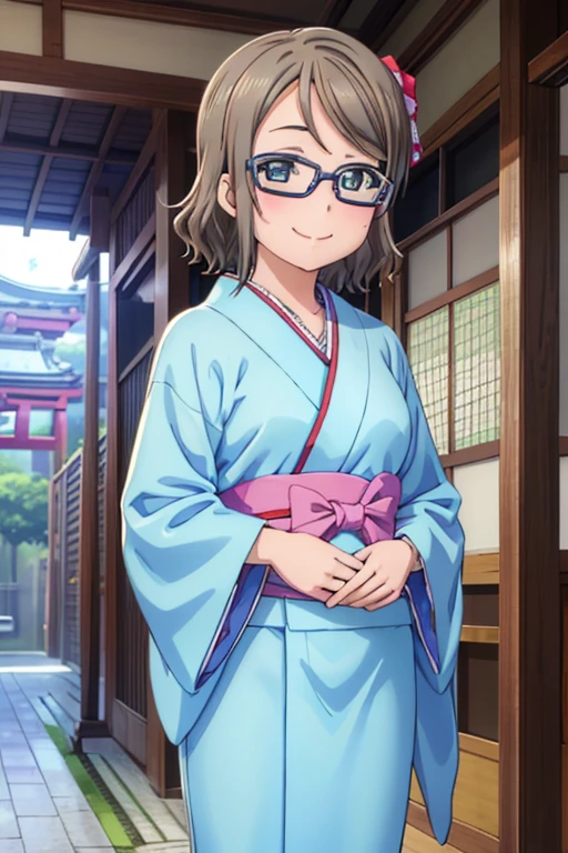 (((pixel perfect, Detail Perfect))), Solo, 1girl in, Watanabe, bowtie, Looking at Viewer, Smile,Cyan kimono,Kimono,Furisode,shrines,chabuchi glasses