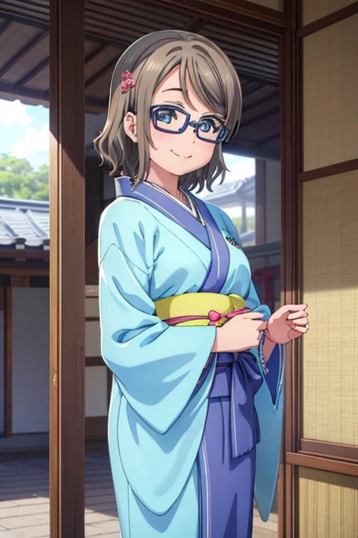 (((pixel perfect, Detail Perfect))), Solo, 1girl in, Watanabe, bowtie, Looking at Viewer, Smile，Cyan kimono，Kimono，Furisode，shrines，chabuchi glasses