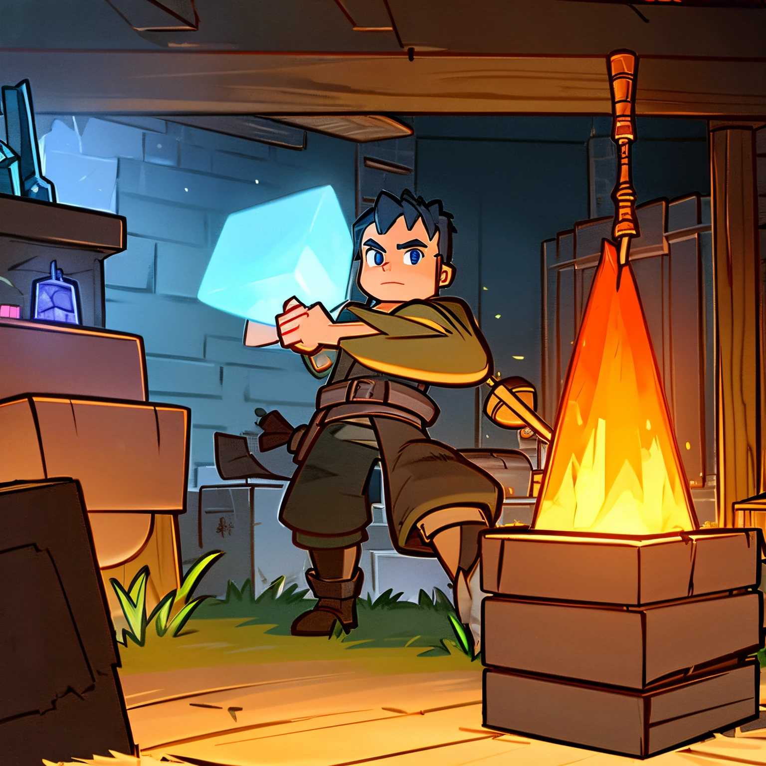 There  a weapon being forged on the forging table.，Glowing，A cube man holding a hammer  striking the forged weapon，In the background  a blacksmith shop illuminated by firelight，Characters are blocky like minecraft，Hold this hammer in your right hand