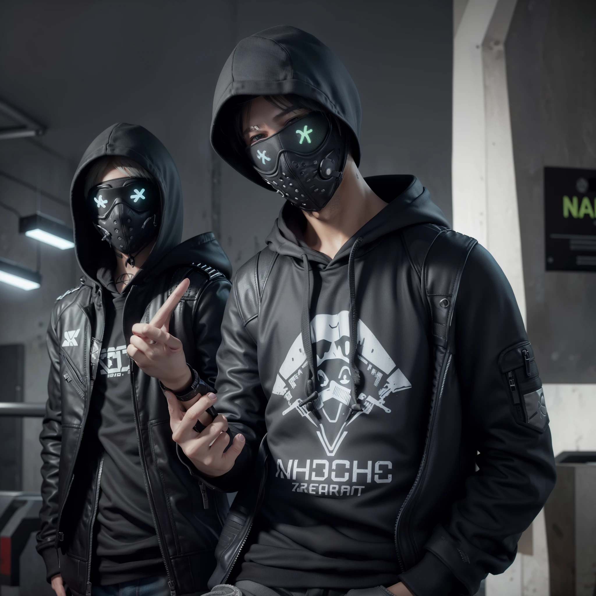 Wrench from watchdogs 2 tanding gracefully, smiling, wearing black jacket hoody with neon mask