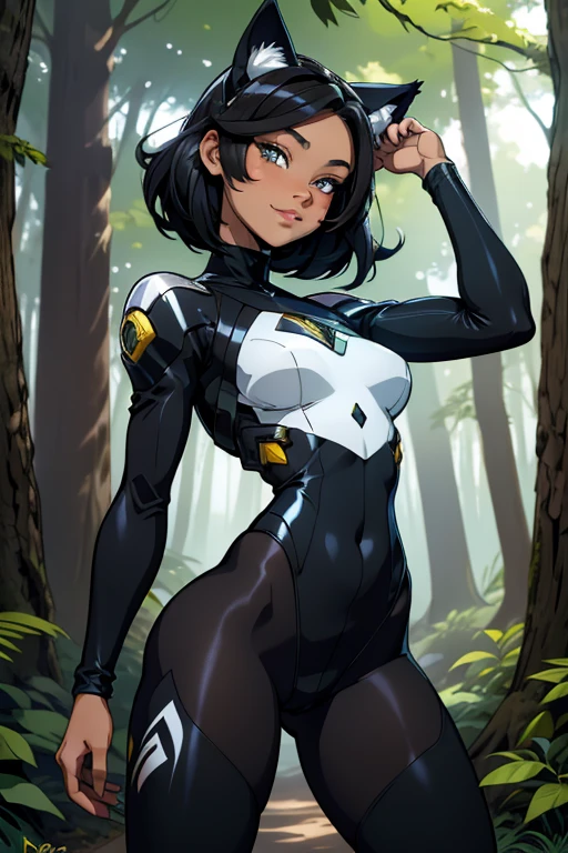beautiful young woman with cat ears on her head, com rosto bem detalhado e bonito, belos olhos, belos olhos, rosto lindo, beautiful young woman wearing black tights, sueter apertado branco, short pantyhose, Standing in a forest, usando salto alto, cabelo curto preto, morena,orelhas de gato, belo sorriso, tomboy, morena, um pouco musculosa
