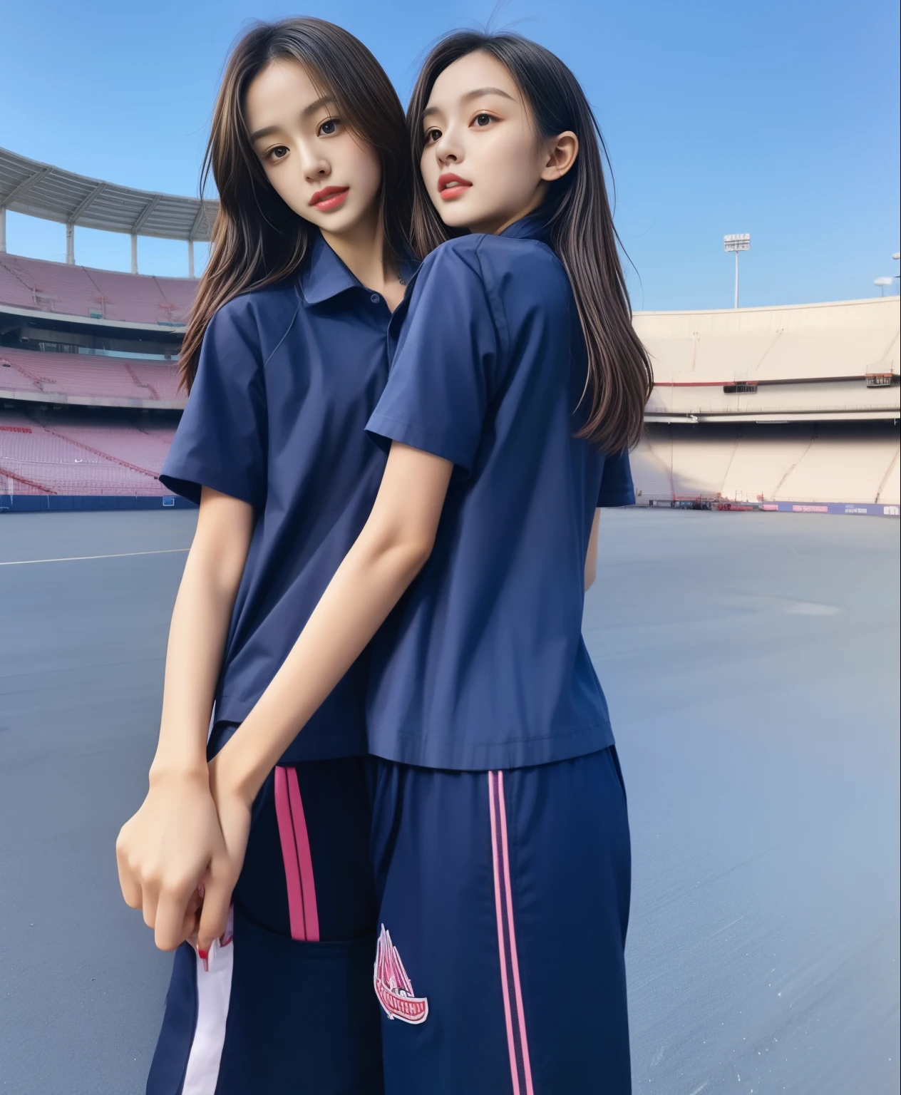 (bestquality,10,10,highres,masterpiece:1.2),ultra-detail,(Realistic,photorealistic portrait,photo-realistic:1.37),1 Cute girl in the football field,oily shiny skin,bara,light smile,BDclothelue shirt:1.3)),short sleeves,shirt, trousers.,(navy_long_Pants Track:1.1), ((Stadium Background:1.3)),dynamic angle,excited,face focus,Dynamic Poses,from behide,Ass Focus,masterpiece, bestquality, ultra realistic, hyper-detail, 8k resolution, RAW photo, crisp focus, ((Navy blue shirt:1.1)), short sleeves, Long Path, Perfect body, 2 mature women, 18yo, cinematic light,Blue sweatpants,Gymware,Correct anatomy,Complete body, Correct body, sharp face, Anatomically correct body, full entire body, Realistic gestures, long-haired, Realistic poses,Wear long shorts..................................,Long leg span,Shapely,Sculpting Girl, Slender Figure, mannequin mannequins, Shapely, Beautiful body,Blue sweatpants, Two girls kissing