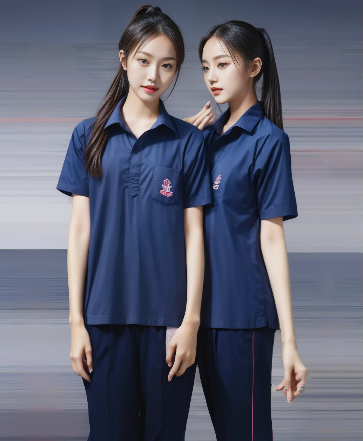 (bestquality,10,10,highres,masterpiece:1.2),ultra-detail,(Realistic,photorealistic portrait,photo-realistic:1.37),1 Cute girl in the football field,oily shiny skin,bara,light smile,BDclothelue shirt:1.3)),short sleeves,shirt, trousers.,(navy_long_Pants Track:1.1), ((Stadium Background:1.3)),dynamic angle,excited,face focus,Dynamic Poses,from behide,Ass Focus,masterpiece, bestquality, ultra realistic, hyper-detail, 8k resolution, RAW photo, crisp focus, ((Navy blue shirt:1.1)), short sleeves, Long Path, Perfect body, 2 mature women, 18yo, cinematic light,Blue sweatpants,Gymware,Correct anatomy,Complete body, Correct body, sharp face, Anatomically correct body, full entire body, Realistic gestures, long-haired, Realistic poses,Wear long shorts.....................................,Long leg span,Shapely,Sculpting Girl, Slender Figure, mannequin mannequins, Shapely, Beautiful body,Blue sweatpants, Two girls kissing