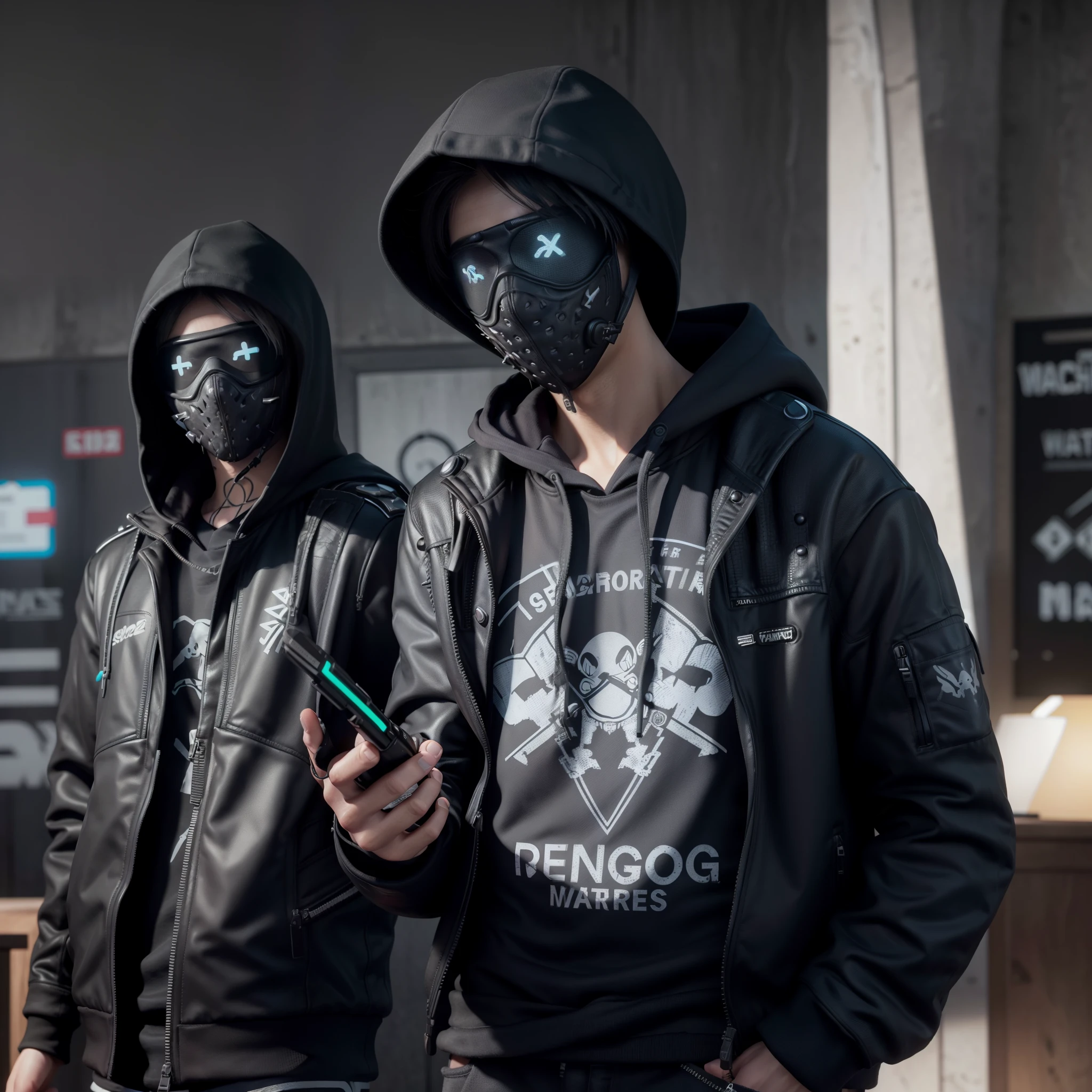 Wrench from watchdogs 2 tanding gracefully, smiling, wearing black jacket hoody with neon mask