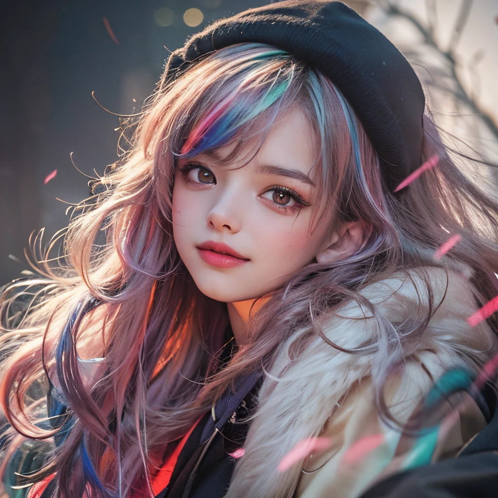 (masterpiece), 8k cg, stunningly beautiful girl, intricate details, chromatic aberration, ((bust shot)), ((looking at viewer)), 1girl, (gura2, multicolored hair, red eyes, long hair, black hoodie), extremely beautiful and delicate portrait, 16 years old, cute face, wide smile, joyful, soft cheeks, blush, makeup, absurdres, cinematic lighting, dynamic lighting, fantasy, ((dark background, fog))