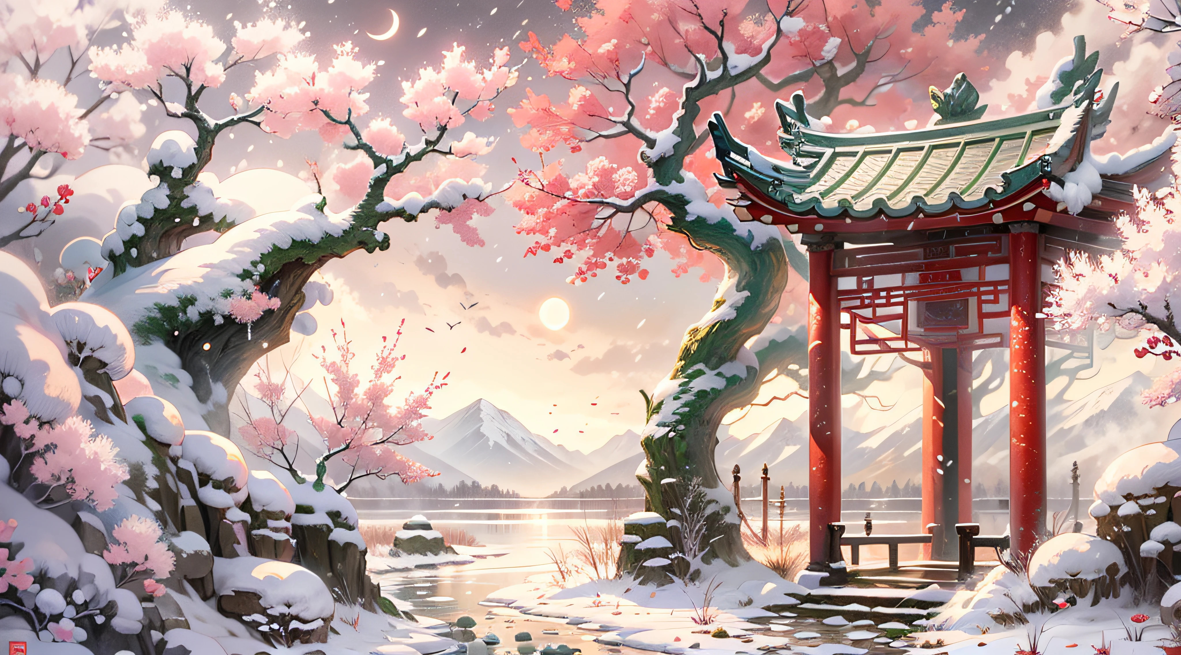 White snow,kiosk,club,Plum tree,Red plum,Pink plum blossoms,Chinese Ancient Style Pavilion,Thick white snow,themoon,rays of moonlight,24K HD quality,Ultra-detailed depiction,Draw one,wallpaper hd,depth of fields,in a panoramic view, lake,