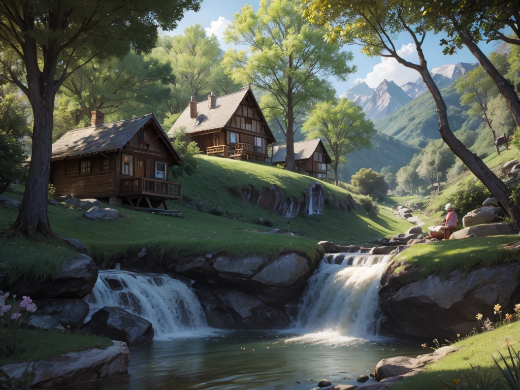 Fairy Village, The grandfather mows the lawn in the mountains, and the grandmother washes clothes in the river.