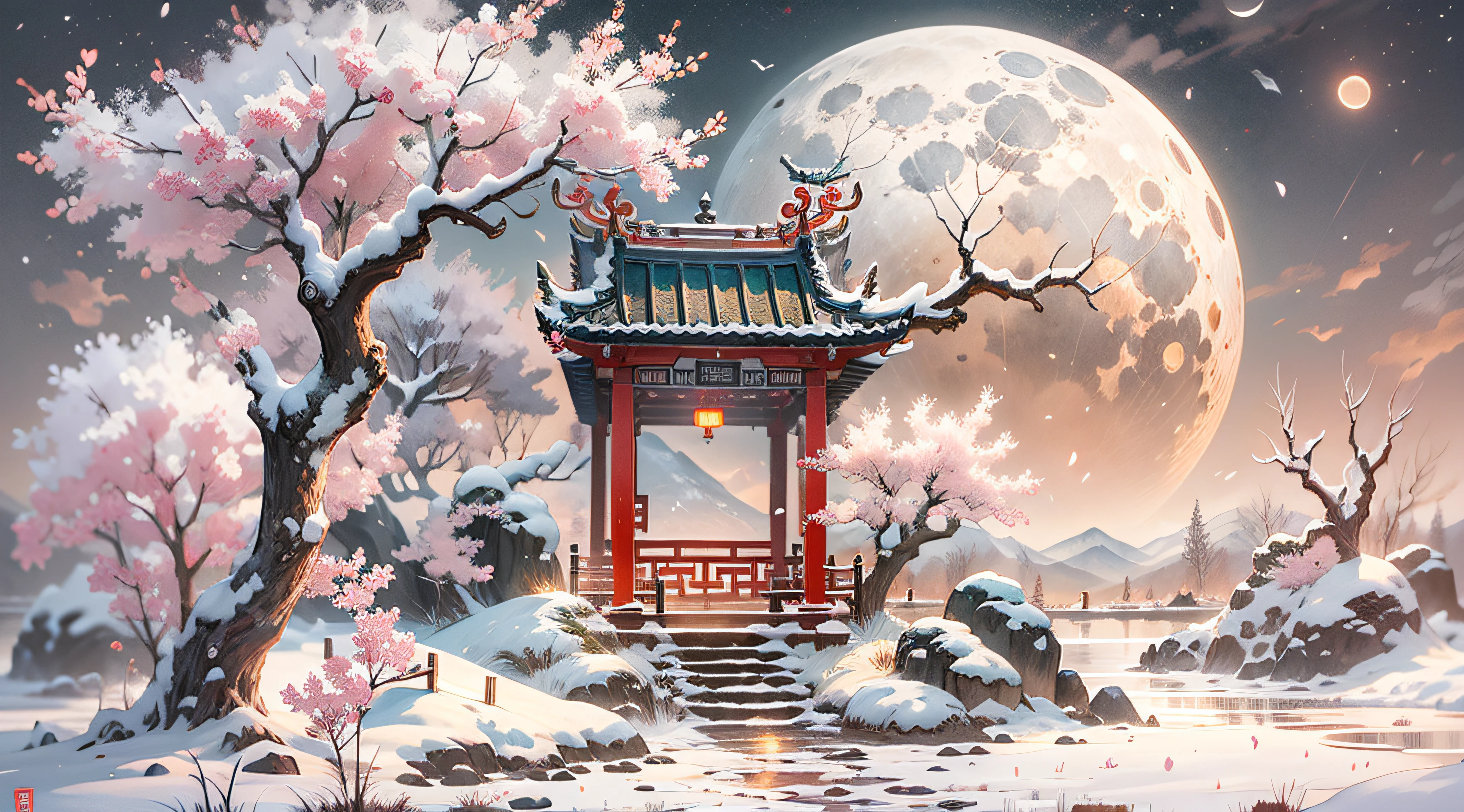 White snow,kiosk,club,Plum tree,Red plum,Pink plum blossoms,Chinese Ancient Style Pavilion,Thick white snow,themoon,rays of moonlight,24K HD quality,Ultra-detailed depiction,Draw one,wallpaper hd,depth of fields,in a panoramic view, lake,