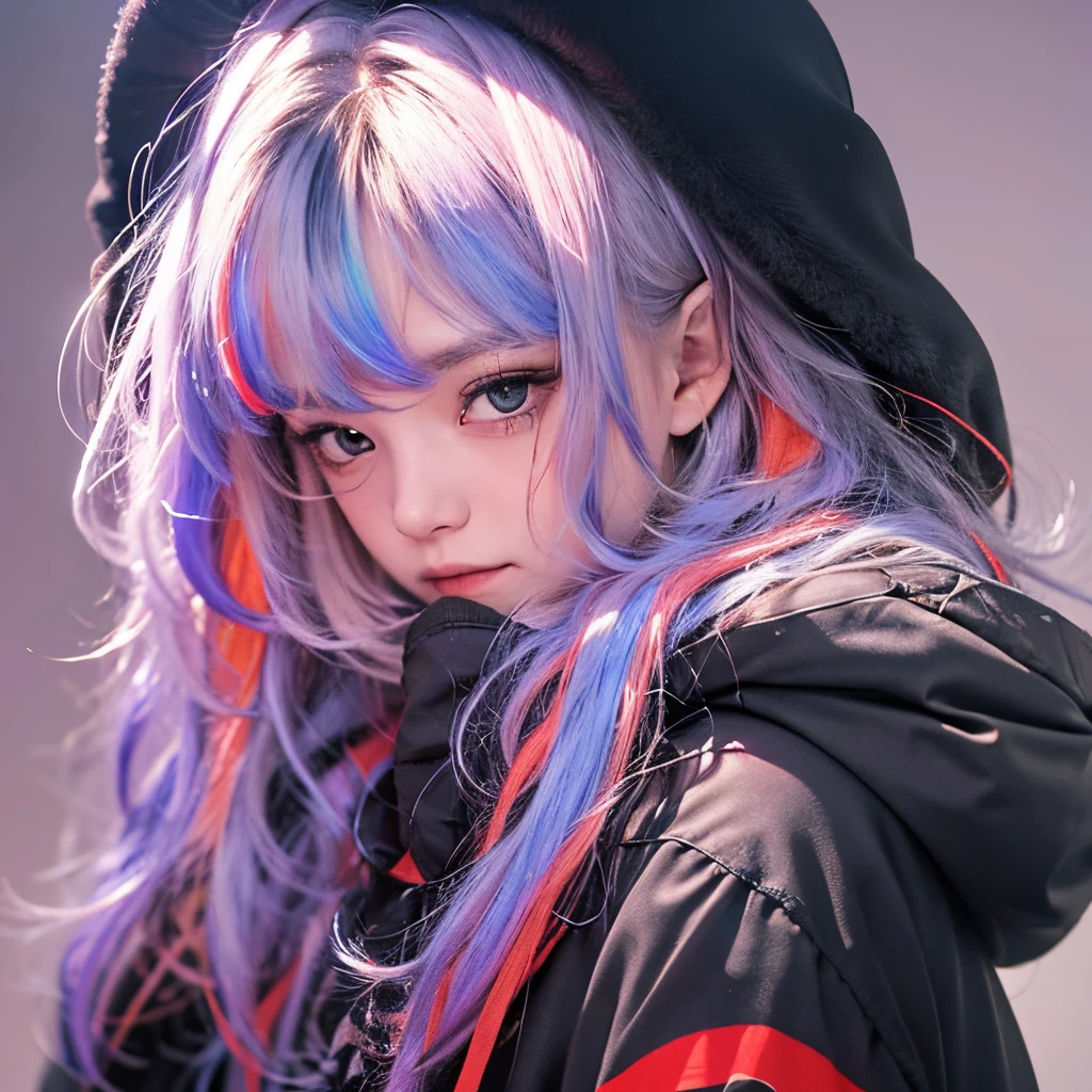 (masterpiece), 8k cg, stunningly beautiful girl, intricate details, chromatic aberration, ((bust shot)), ((looking at viewer)), 1girl, (Gura2), multicolored hair, red eyes, long hair, black hoodie, Supreme print,