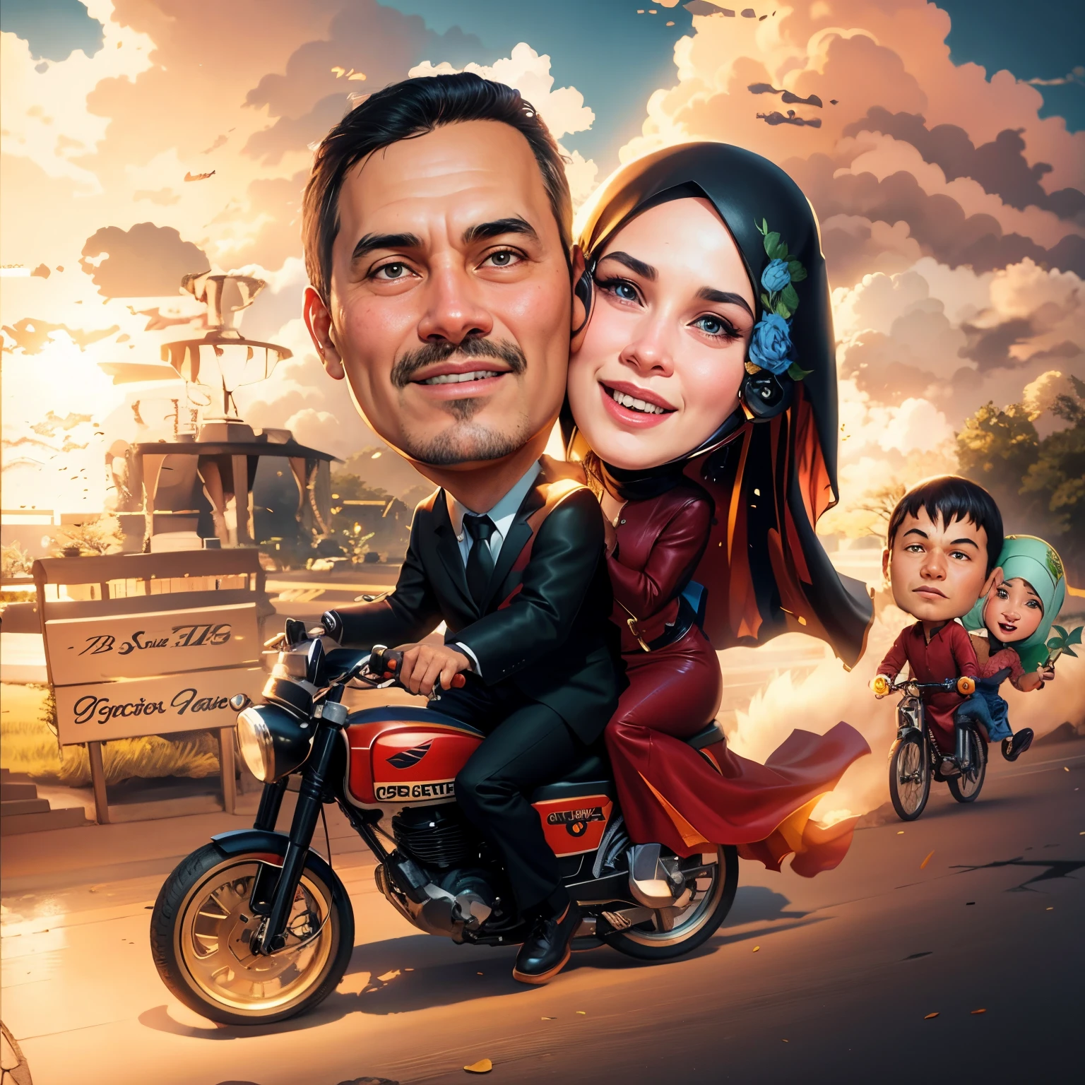 cartoon of a couple muslim on a motorcycle with a man and woman, caricature illustration, wedding, in cartoon style, cartoon art, caricature, caricature style, caricature!!!, digital art cartoon, cartoon digital art, cartoon painting, cartoon digital painting, cartoon artstyle, digital cartoon painting art, by Abidin Dino, realistic!!, happy couple, realistic cartoon, foto realistic,(hypeerealism:1.1),(detail:1.2),bokeh,8k