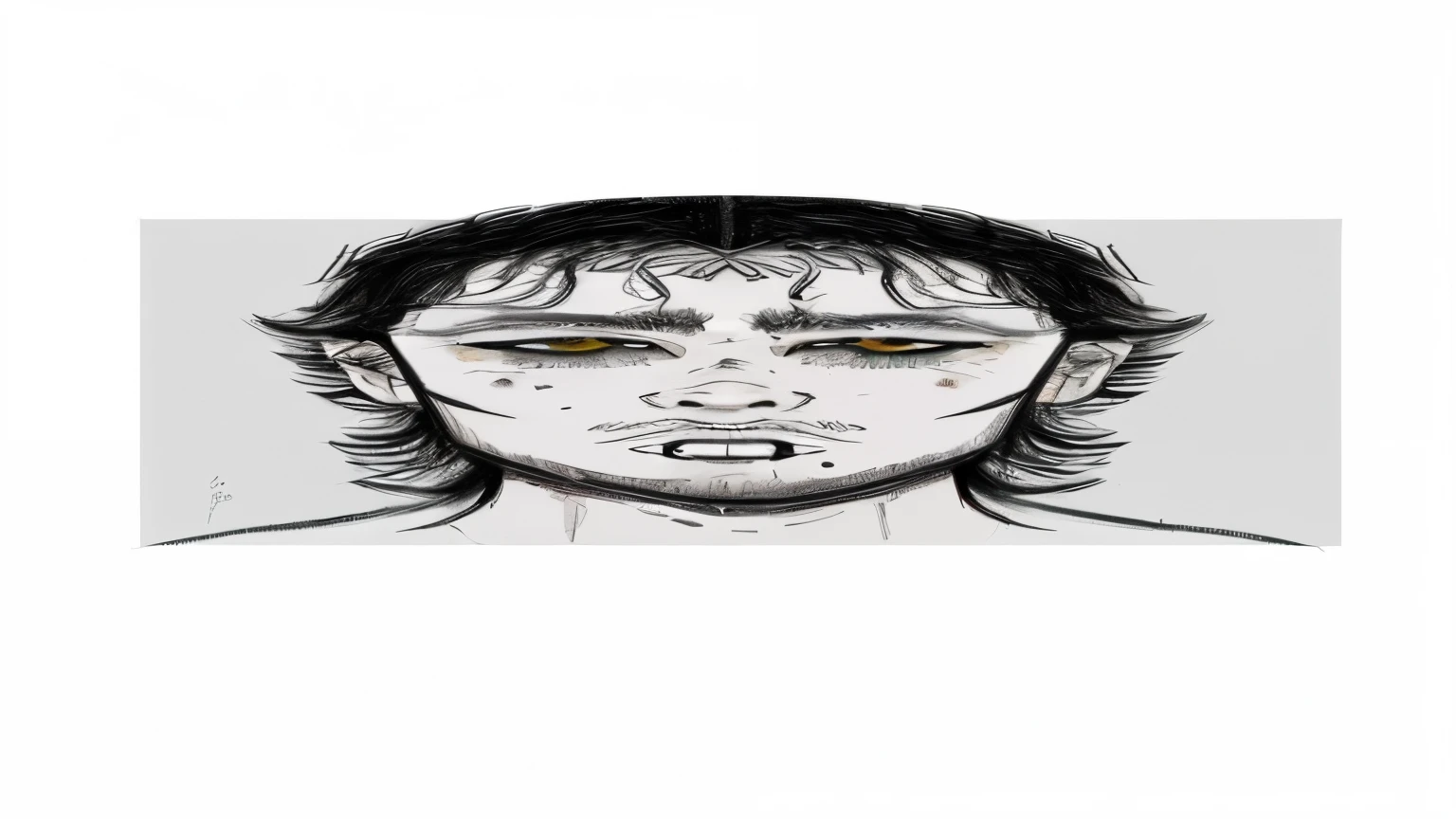 Sketch of man, tired eyes, black hair, heterochromia eyes, one hazel eye, one dark brown eye, ((serious)), mean, piercings, scars, dark hair, half Asian, pale skin, beauty marks