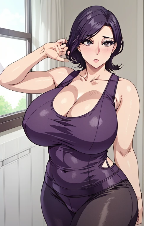 (masterpiece, best quality, semirealistic:1.3), Minako, mature female, (full body shot:1.05), (pink tank top:1.2), tank top, yoga pants, tight clothes, 1girl, milf, curvy, standing, sexy pose, big aslush:1.05), short hair, black hair, purple hair, bare shoulders, lips, cleavage cutout, huge breasts, perfect body, perfect eyes, anime eyes, eyeshadow, perfect face, (shy:1.1), house room, sky in window, sharp focus, professional artwork, intricate details, vibrant colors, vivid colors, Diffused lighting, digital blending, ultra detailed body, ultra detail hair, ultra detail face, trending on pixiv,