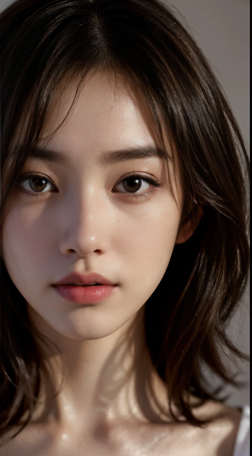 incredibly absurd, beautiful and cute 20-year-old Korean girl with a photorealistic face, showcasing top-quality craftsmanship. Her slender frame adorned with short, messy hair. The artwork high-resolution, allowing for ultra-detailed features to be captured flawlessly. The girl depicted naked. The focus lies on the realistic pupils, showcasing depth and emotion.