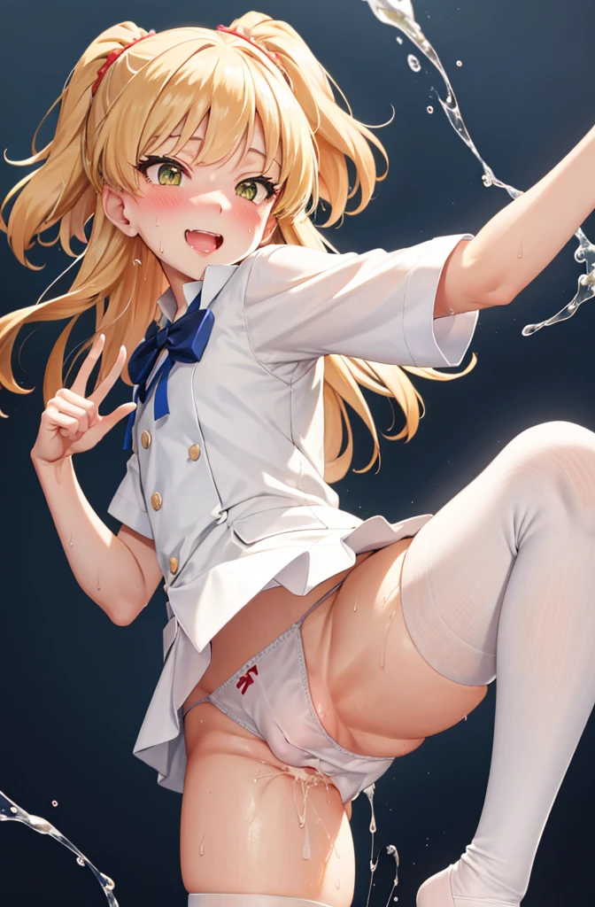 RikaJou, 1girl in, 独奏, length hair, blonde hair, verd s eyes, small tits, tusk, A smile, Standing, dynamicposes, 8K, masterpiece, top-quality, absurderes, perfect anatomia, 电影灯光, cowboy shot, (校服:1.1), Schools, garden, school ground、, Ahegao, Heavy breathing, blush, Sweat,Spread your legs,A seductive smile,Kinky laughter,Obscene atmosphere、masturbation,The shape of the female reproductive organs is also clearly visible.,,hands on the panty,Panties are wet,the body is dripping wet,Sweat,,Desire for dissatisfaction, white panty hose,Sperm flows out from between the thighs,mouth full of sperm,Bend over,Back view,Spread your legs,A seductive smile,Kinky laughter,Obscene atmosphere、Hand