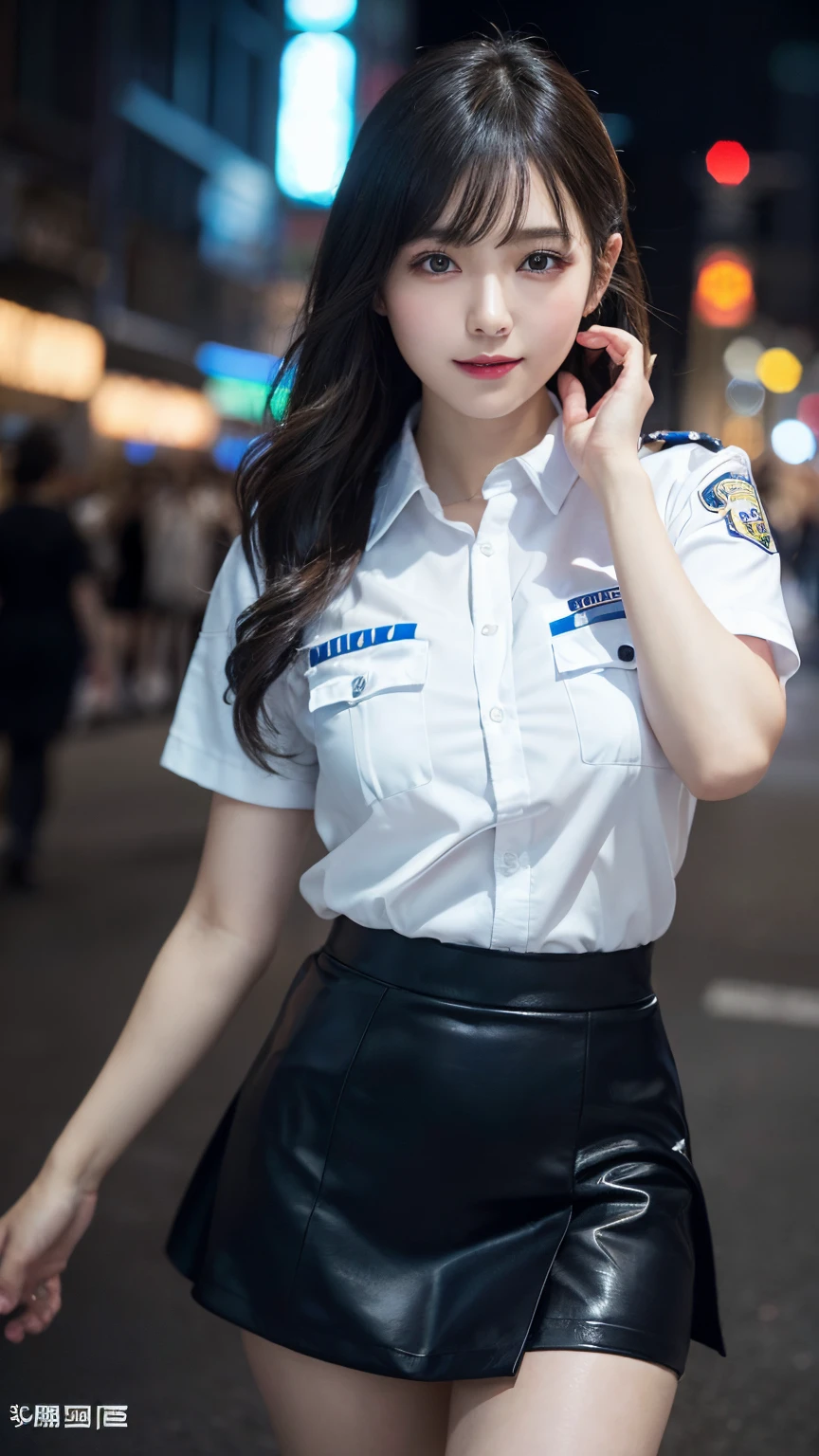 Innocent 20 year old girl、((Police Girl, sexy police uniform, Skirt, Cute and elegant, Dramatic poses)),Smile,night city background,short-cut、Raw photo, (8K、top-quality、masterpiece:1.2)、(intricate detailes:1.4)、(Photorealsitic:1.4)、octane renderings、Complex 3D rendering ultra detail, Studio Soft Light, Rim Lights, vibrant detail, super detailing, realistic skin textures, Detail Face, Beautiful detail eyes, Very detailed CG Unity 16k wallpaper, make - up, (detailedbackground:1.2), shinny skin, Full body,Hands down、Spread your legs to see your panties