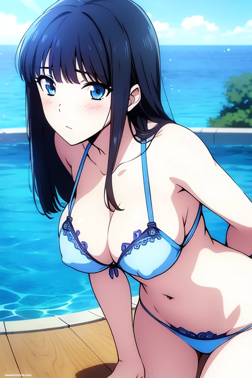 (masterpiece, best quality, high resolution, anime colored, 8k, photorealistic), Miyuki, 1girl, blush, black hair, long hair, hime_cut, blue eyes, (sagging breast, cleavage):1.5, (white micro bikini:1.5, covered nipples), slim, arms down, (leaning forward:1.5, upper body:1.5), pool, blue sky, sunlight, (perfect detailed anatomy, perfect detailed full body, beautiful detailed hair, beautiful detailed face, beautiful detailed eyes, beautiful detailed breast, beautiful detailed bikini)