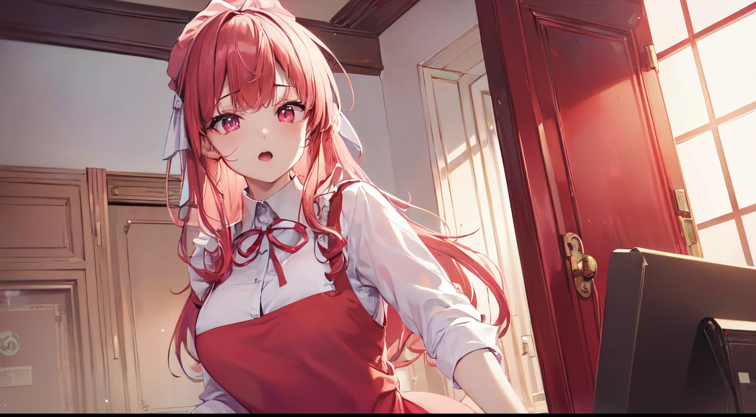 top-quality、masterpiece、Karaoke shop、(((Karaoke clerk)))、Frontal shot、(((white shirt、red apron)))、Red ribbon at chest、Longhaire,Red hair、((Open the door))、(((light pink eyeshade))),((Upper body))、((closing eye))、Opening Mouth、