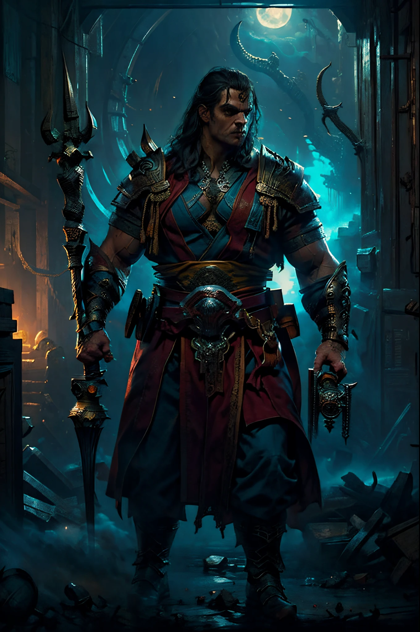 's, gothic art, lightand shade contrast, Standing picture, ramen, holland angle, emphasis lines, tmasterpiece, Acura, Anatomically correct, A high resolution, Best quality, super detailing, Award-Awarded,D14bl0 style monk,(((Use force to solve problems))),(Strong),balding,Holding a Zen staff,Monk's robe,The upper part of the body,Exposing the pectoral muscleusculous,Kong Wu powerful,(Chinese Kung Fu), Henry Cavill,Epic war fantasy digital art,(greg rutkovsky:0.8), (cyan and orange:0.4),character drawing, Standing picture
