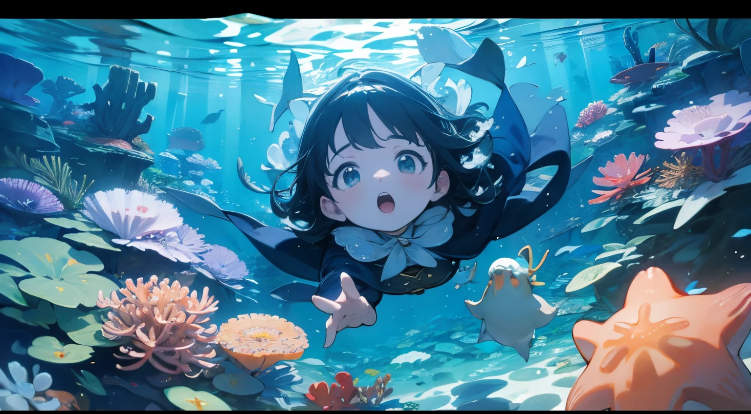 ((Top image quality、masterpiece))、8K、with no people、Looking up from the ground、Dim underwater、foam、starfish、sea anemones、seashells