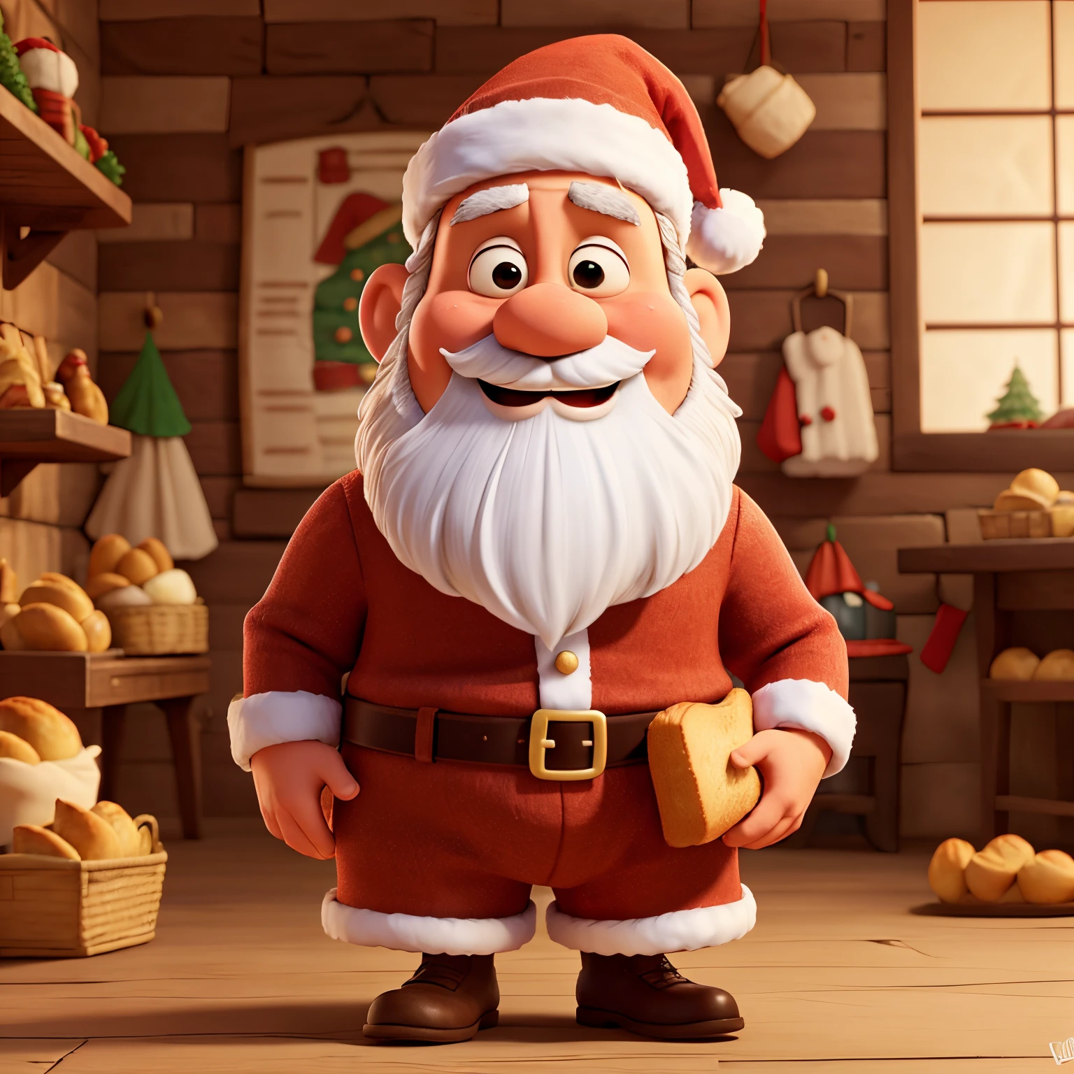 Santa Claus holding basket of bread, usando roupa de papai Noel vermelha, with hat on head, barba branca, barrigudo, fofo, sorrindo, waving one hand, imagem de alta qualidade, estilo Disney Pixar cartoon, 4k