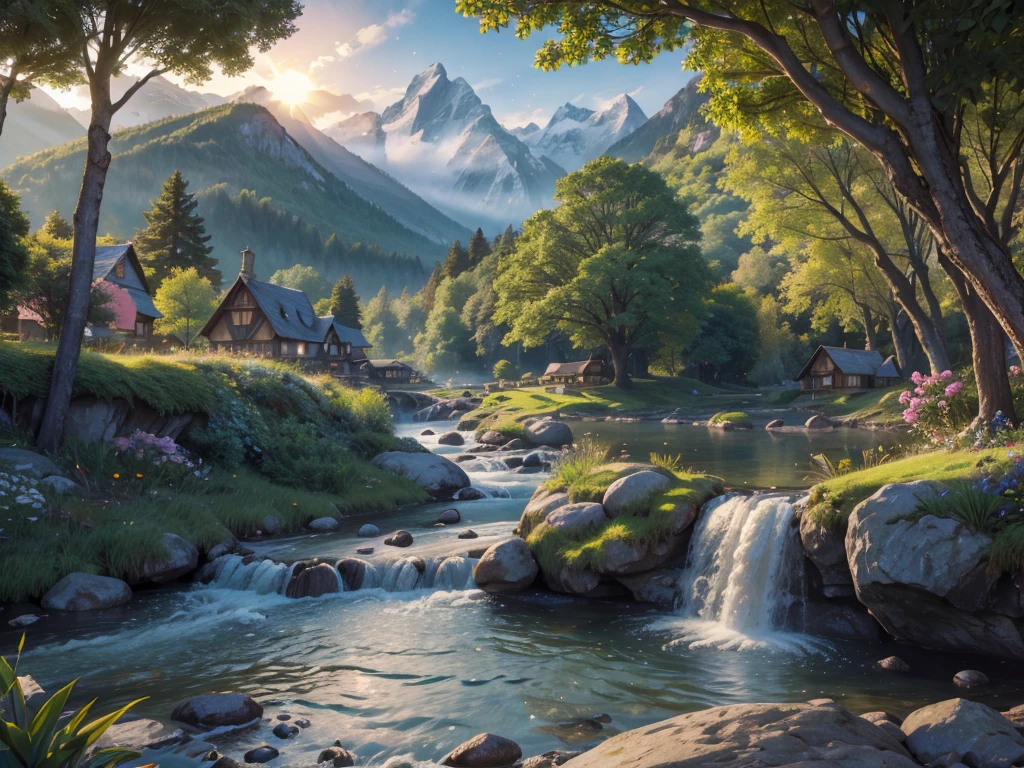 (best quality,4k,8k,highres,masterpiece:1.2),ultra-detailed,(realistic,photorealistic,photo-realistic:1.37), Fairy Village, mountain landscape, detailed village houses, enchanting atmosphere, magical lights, mystical energy, vivid colors, soft pastel tones, dreamy scene, cozy cottages, moss-covered roofs, blooming flowers, winding pathways, sparkling river, lush greenery, misty mountains, majestic trees, mesmerizing sunset, peaceful and serene, birds chirping, gentle breeze, tranquil ambiance, sparkling river, flowing water, sparkling waterfalls, crystal-clear stream, soothing sounds of nature, grandfather mowing the lawn, grandmother washing clothes, by the river, kind and wise-looking grandparents, smiling faces, happy and content, traditional clothes, vibrant clothes, joyful family, love and togetherness, beautiful surroundings, scenic views, birds flying in the sky, butterflies fluttering, magical creatures, fairies, wood elves, hidden treasures, secret places, sense of adventure, timeless beauty, picturesque village, harmony with nature, a slice of paradise, happiness and tranquility.