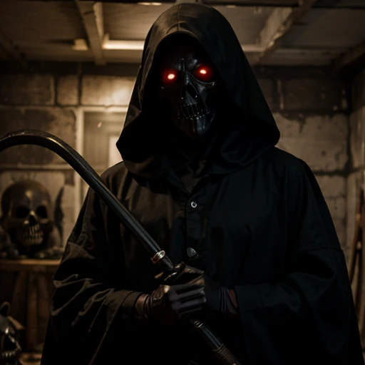masterpiece, best quality, highly detailed, horror art, 1other, grim reaper, red eyes, scythe, no face, cloaked, in a horror basement, terrifying, looking at viewer