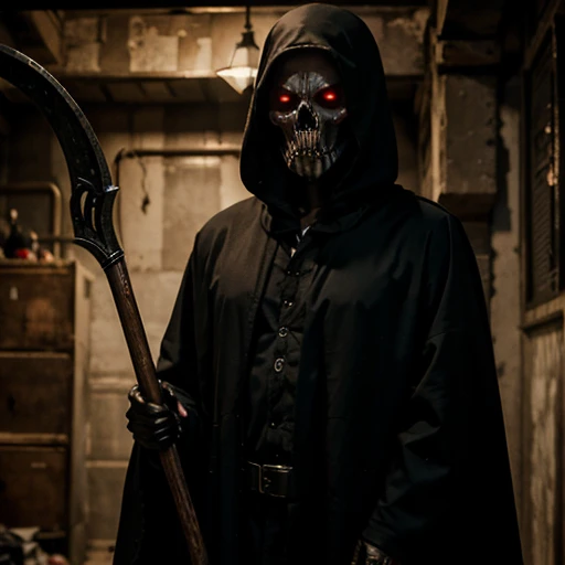 masterpiece, best quality, highly detailed, horror art, 1other, grim reaper, red eyes, scythe, no face, cloaked, in a horror basement, terrifying, looking at viewer