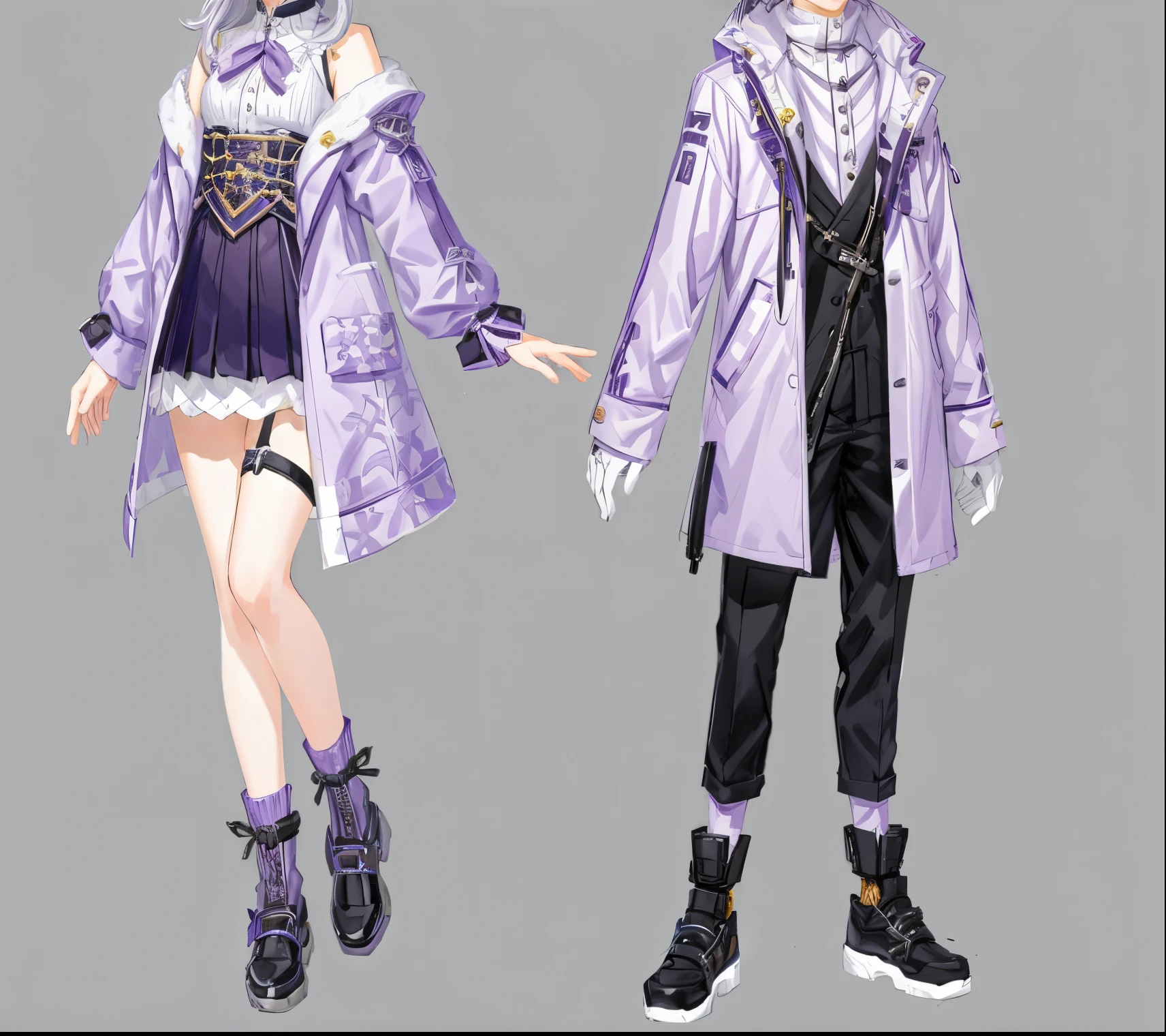 (((Best quality))),tmasterpiece, Minnesota,concept-art, standing figure painting,A boy and a girl, Character setting, clothing design, Purple coat,detailed outfits, clothing design, Very rich in character details, detailed outfits, anime vtuber full body model, Colorful, amazing body,16k,k hd