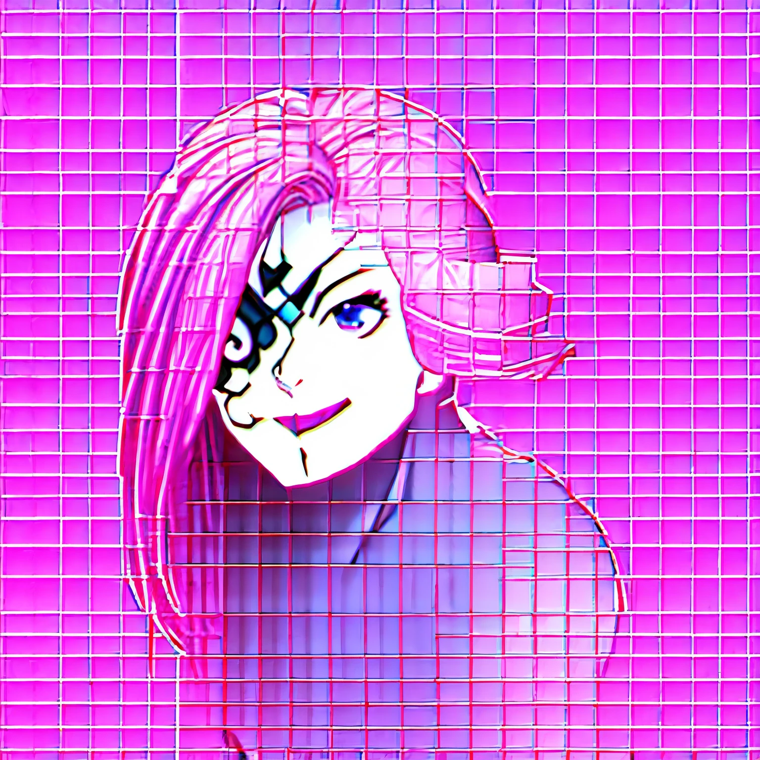 Pink hair, purple eyes, happy smile, shyness