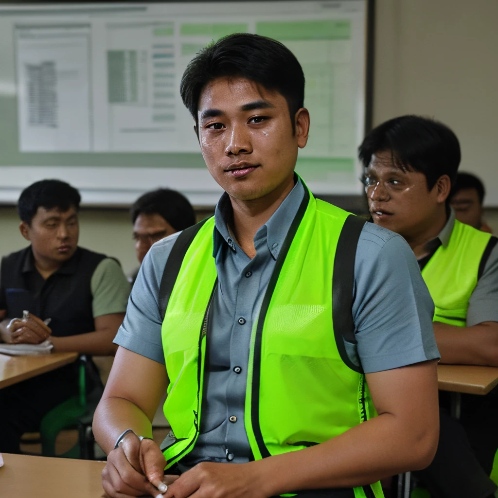 Myanmar safety engineer,he wear green hemelet,wear shirt and reflective vest,at the evening toolbox meeting with their college,his face was eager to learn at the evening,his age was 25,blown skin,70kg weight,