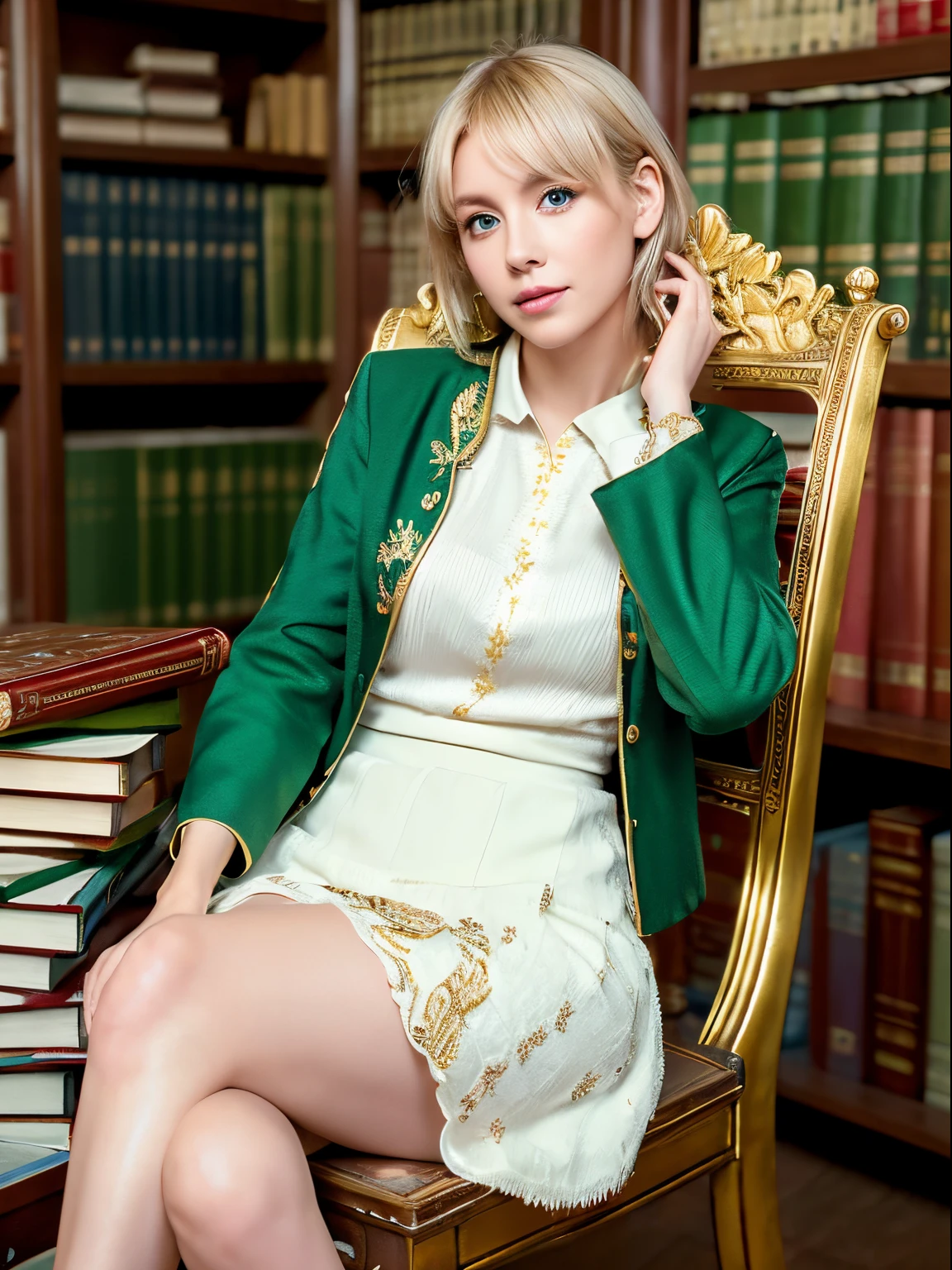 (((masutepiece, Highest Quality, High Definition, high detailing)))), One, ((Fantasy)))), (Elven Woman)))), (White short skirt with gold embroidery), (Blonde long straight hair), (shiny dark green eyes), (Green surcoat with gold embroidery), Big, (((National Library of the Royal Capital)), (Large space with many books)), Sit in a chair and read a book , Particles of light flying