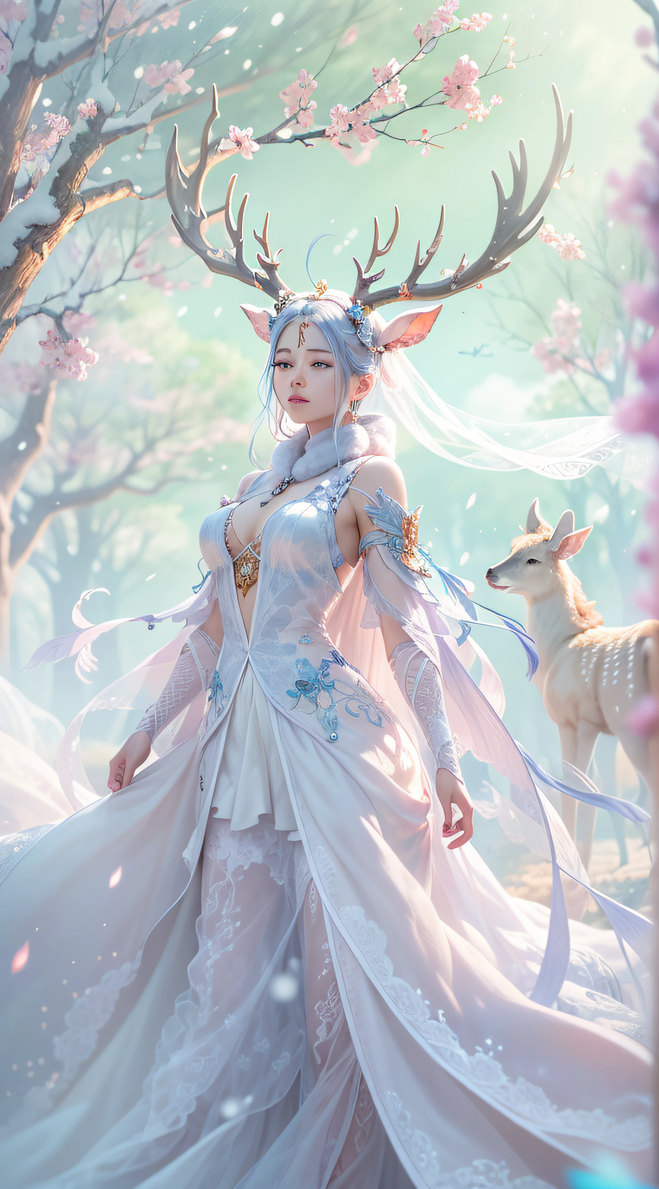 There are also snow deer that come leisurely, Pure white body realizes fairyland, Yan Jun changes the direction of the wind, Exhale white air in transparent air, Together with ethereal trees, It forms a wonderful sight, High-quality CG paints a spectacular picture, Yue Xiaofei's character design  perfect and exquisite, The curves are great, And with the blessing of depth of field effect, The whole scene looks more like the outside world..
