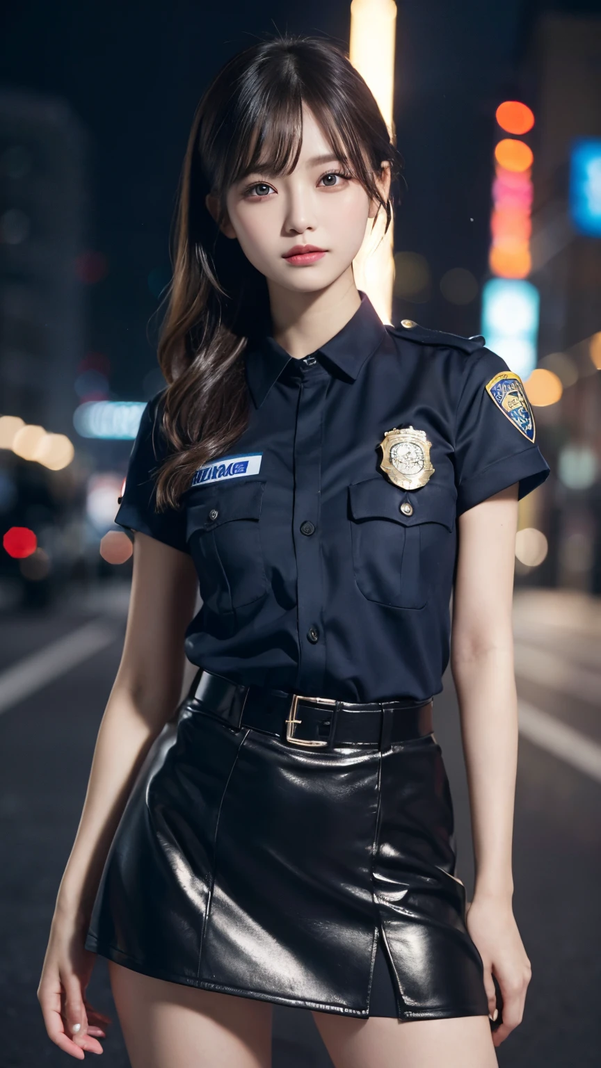 Innocent 20 year old girl、((Police Girl, sexy police uniform, Skirt, Cute and elegant, Dramatic poses)),Smile,night city background,short-cut、Raw photo, (8K、top-quality、​masterpiece:1.2)、(intricate detailes:1.4)、(Photorealsitic:1.4)、octane renderings、Complex 3D rendering ultra detail, Studio Soft Light, Rim Lights, vibrant detail, super detailing, realistic skin textures, Detail Face, Beautiful detail eyes, Very detailed CG Unity 16k wallpaper, make - up, (detailedbackground:1.2), shinny skin, Full body,Hands down、Spread your legs and show your panties