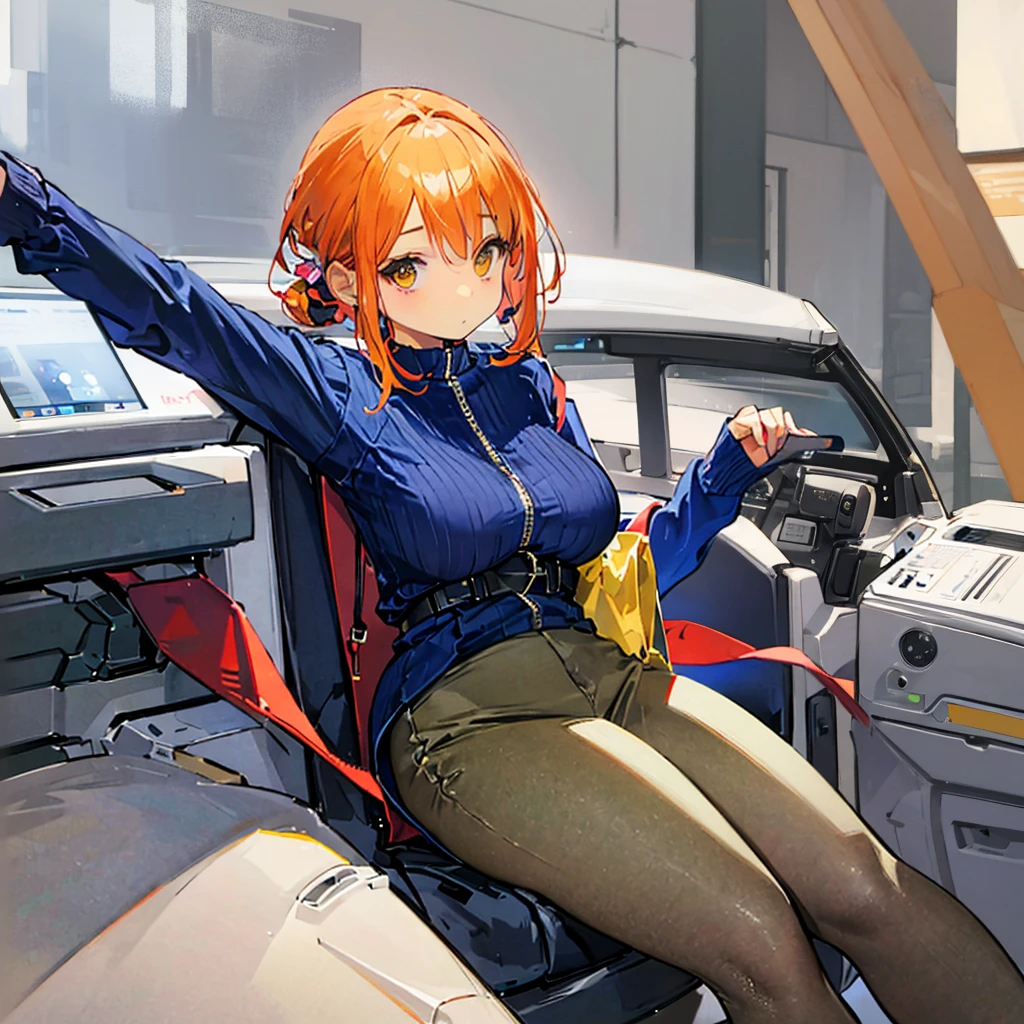 1 female、Orange hair、Colossal titig aslack catsuit、yellow eyes、Large, thick thighs、a short bob、wide hips、pantyhose